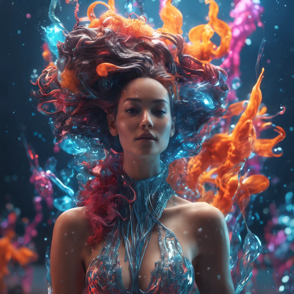 Model Shoot style, (Extremely detailed Cg Unity 8K wallpaper), A chaotic storm of intricate liquid smoke in the head, Stylized beauty full-length abstract portrait, wetted skin, Broken glass, ((bubbly underwater scenery)) Radiant light octane rendering is highly detailed