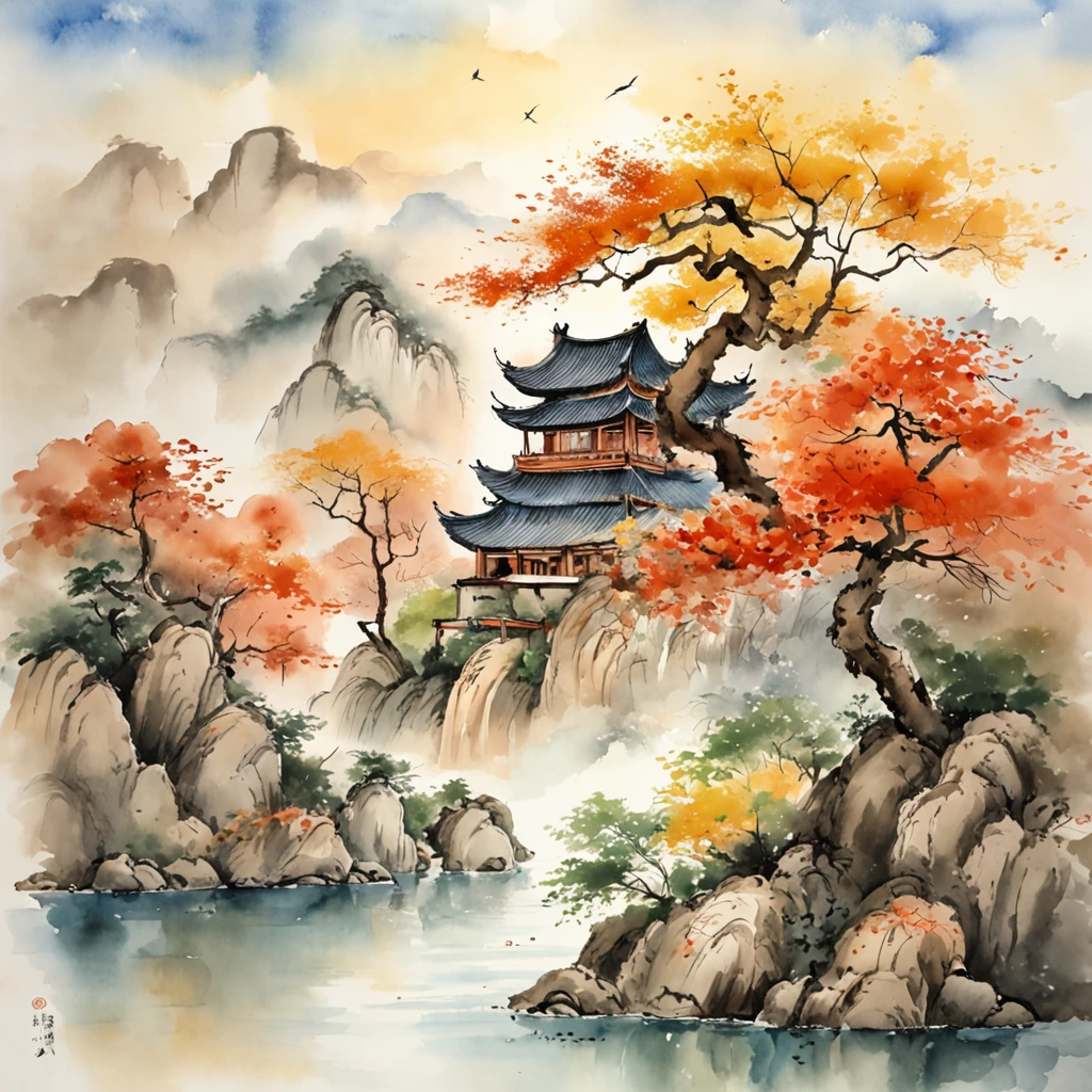 An ancient Chinese painting, ancient Chinese background, mountains, rivers, auspicious clouds, pavilions, sunshine, masterpieces, super detail, epic composition, ultra HD, high quality, extremely detailed, official art, unified 8k wallpaper, Super detail, 32k -- v 6