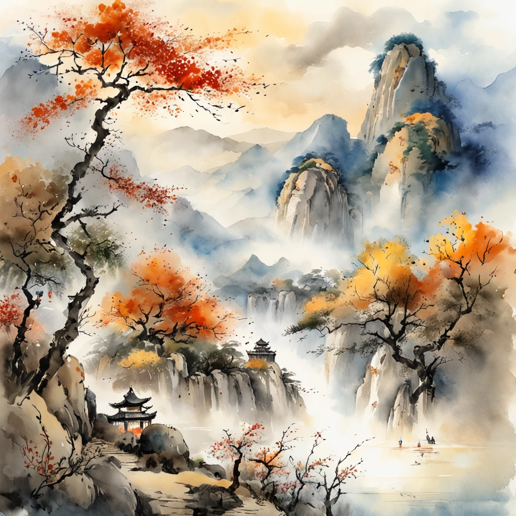 Chinese landscape painting,ink and watercolor painting,Smudge,Faraway view,Ultra-wide viewing angle,Meticulous,Pavilions,Delicate,das boot