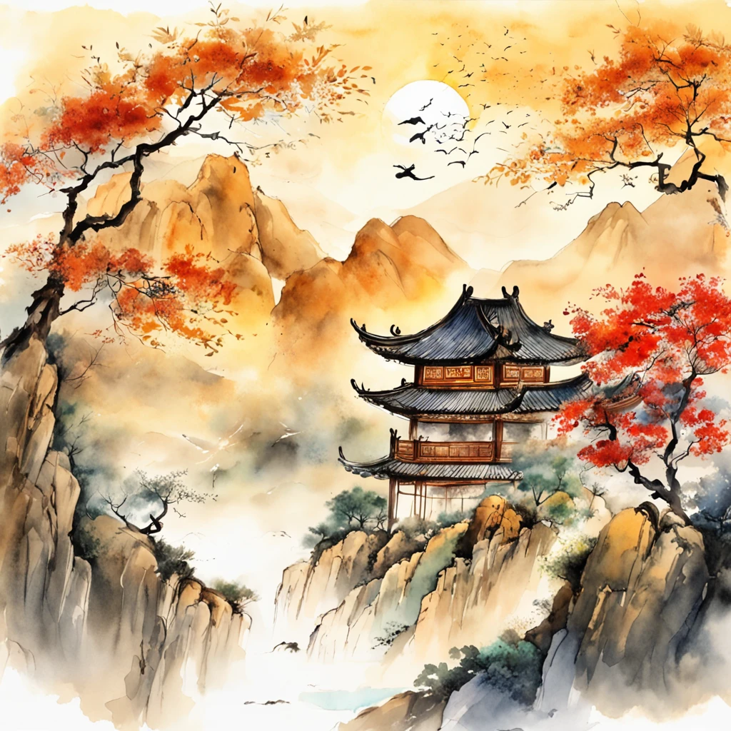 An ancient Chinese painting, ancient Chinese background, mountains, rivers, auspicious clouds, pavilions, sunshine, masterpieces, super detail, epic composition, ultra HD, high quality, extremely detailed, official art, unified 8k wallpaper, Super detail, 32k -- v 6