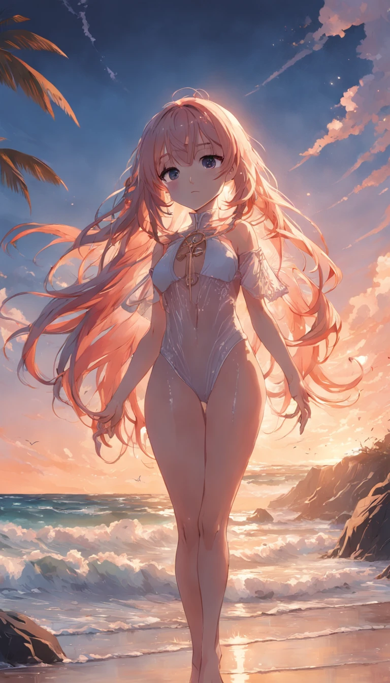 Praia，pesquisar，longos cabelos brancos，corpo inteiro, Escuro, roupas apertadas, ((see through)), ((Bodysuit))