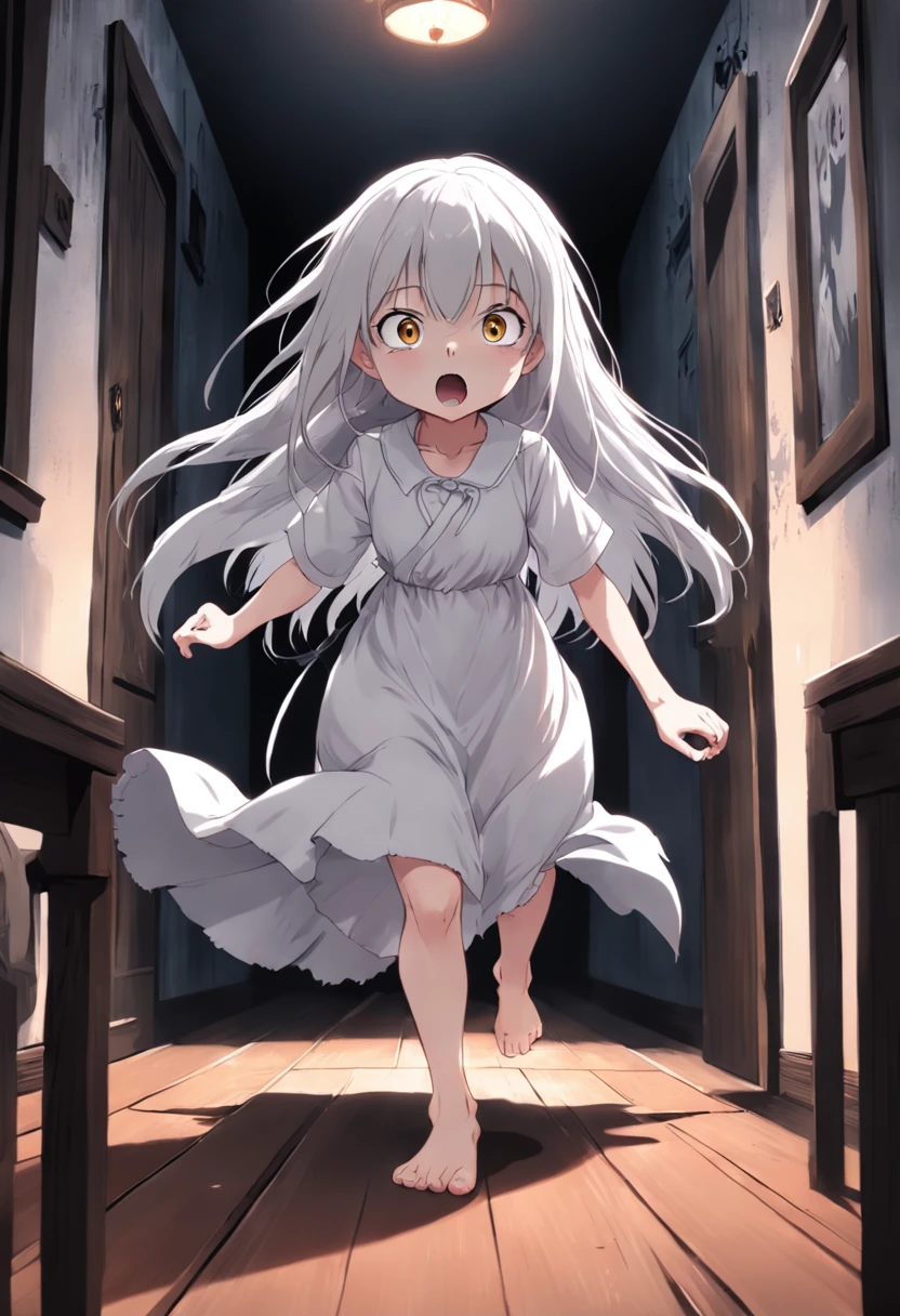 Anime, white hair, long hair, gray silver white eyes, barefoot, white shirt, plain Gown, in a Haunted house horror, loli, ???, child, petite body, horror cinematic, :<, scared, running with the goriest monster behind her, pregnant, full nude