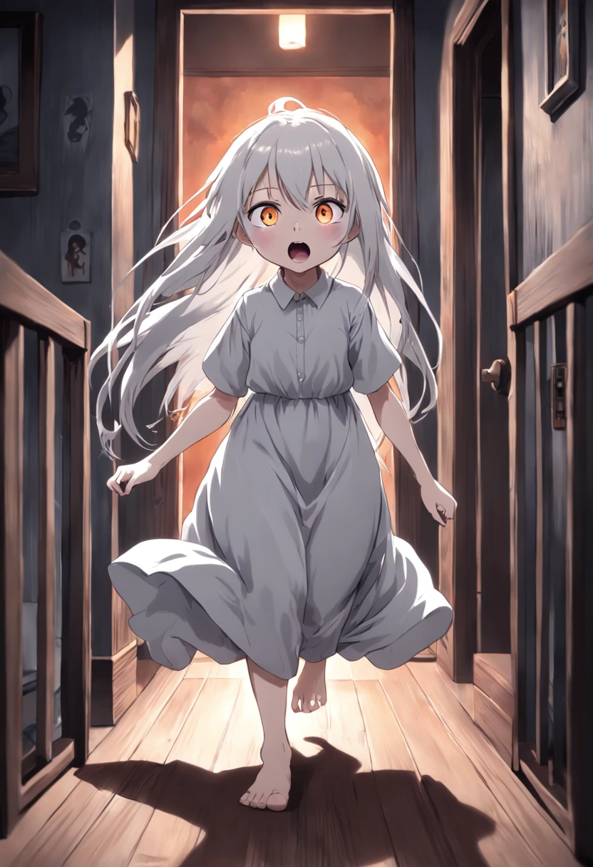 Anime, white hair, long hair, gray silver white eyes, barefoot, white shirt, plain Gown, in a Haunted house horror, loli, ???, child, petite body, horror cinematic, :<, scared, running with the goriest monster behind her