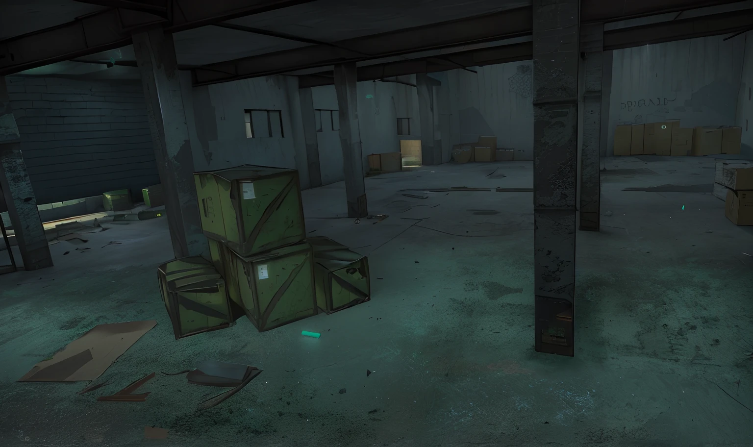 In the box room, Empty warehouse background with green light in the middle and background, B - game, In the game, Location ( slum _ wallside ), In the game, background is a slum, boxes and trash in the background, Inside the gangster shelter, [[empty warehouse]] Background, Remastered chromatic aberration, ingame image, Screenshot of interior gameplay