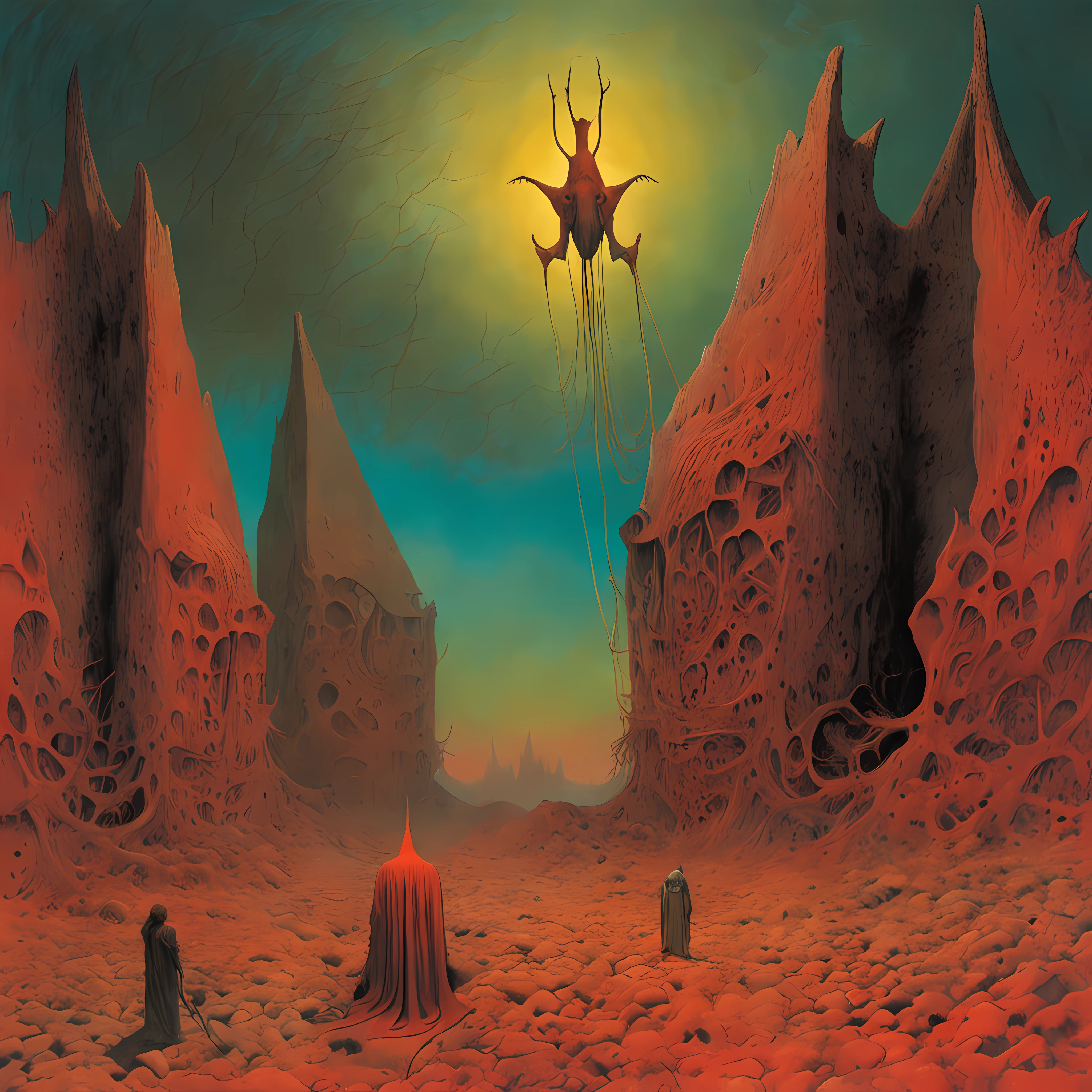 mythology creatures, by zdzislaw beksinski and van gogh, album cover art, rome, surrealism, futuristic ,satan, coral, wizard