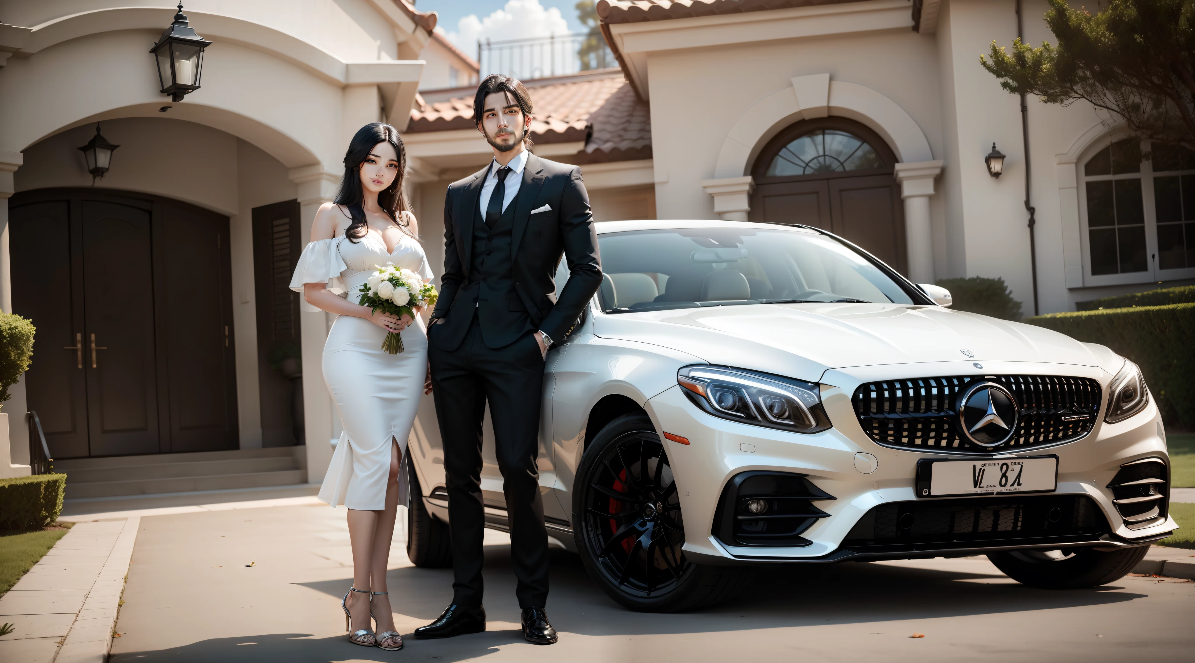 "Beautiful couple embracing success sitting near a luxurious house and near the house there is benz car."they are soo brautiful, girl have long black hair