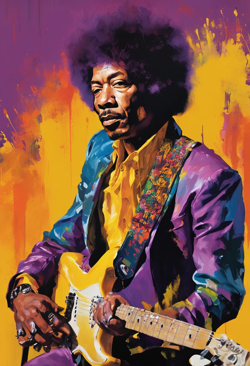 painting of a man with a purple hair and a yellow jacket, jimi hendrix, jimi hendrix style poster, jimi hendrix full body, art of alessandro pautasso, jimi hendrix full body shot, by Dave Arredondo, epic portrait illustration, masterpiece work of art, style digital painting, fan art, inside jimmy hendrix, stunning digital illustration, purple haze