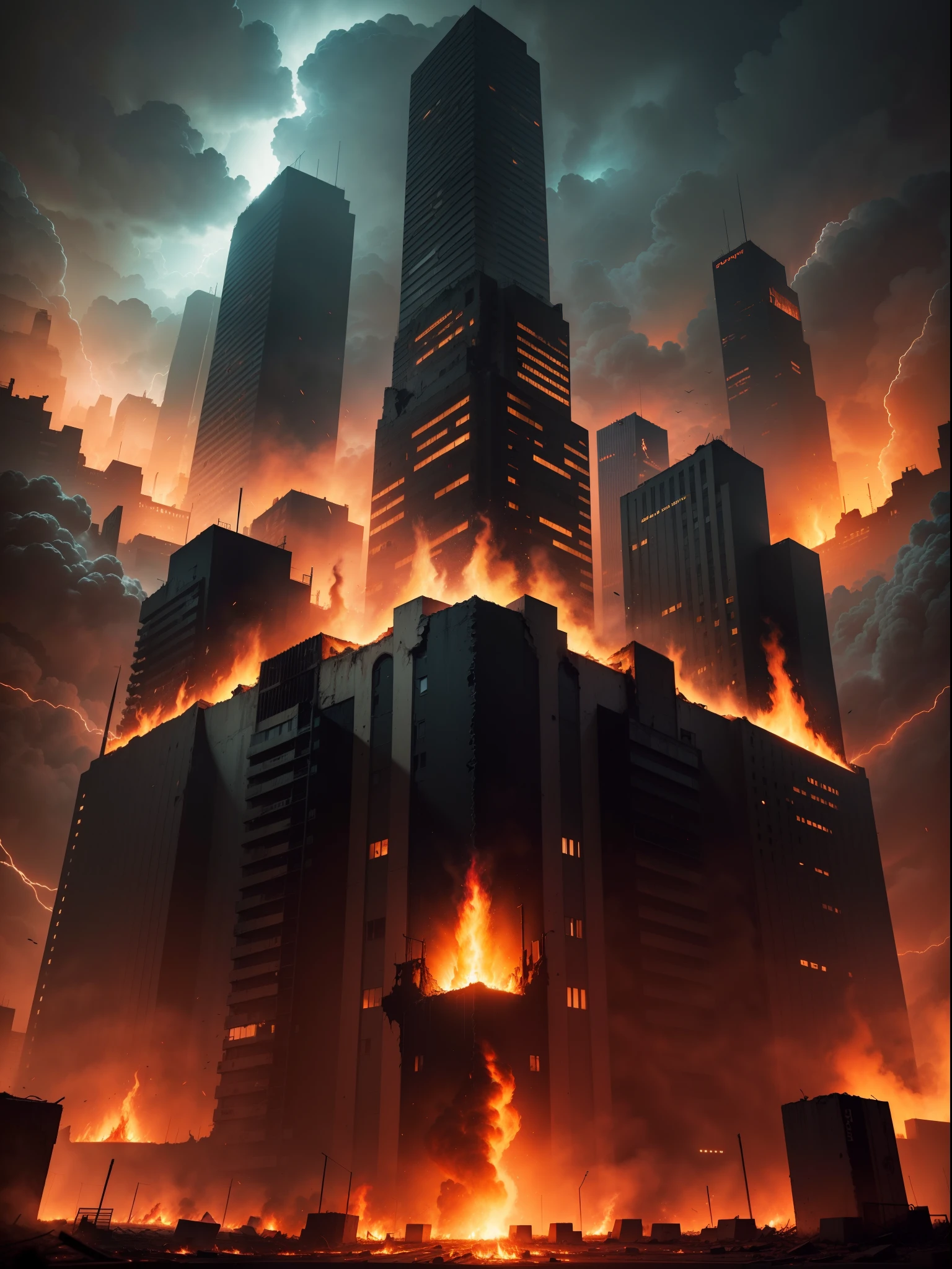 "Burning city, apocalyptic chaos, raging flames, crumbling structures. Captured with an 8K RAW format using a Sony Alpha A7 camera. Cinematic universe effects, immersive night vision, recognized for its outstanding portrait."