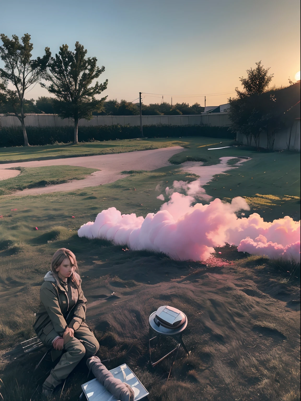 No Man，（Gray ground），Gray stone，On land，pink smoke，grain sense，Explosive effect，Realiy，Photorealistic and realistic，on ground，There are no characters