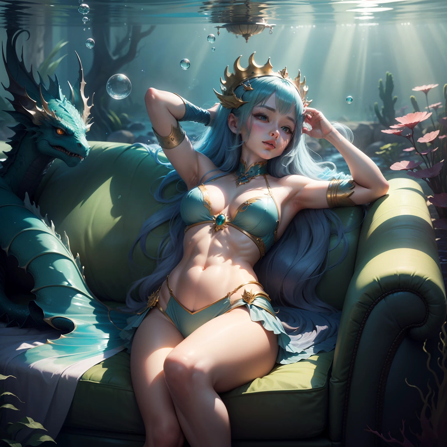 "The underwater dragon princess was lazing on the sofa，Hold your head with one hand，Sunshine shines，water bubbles，"