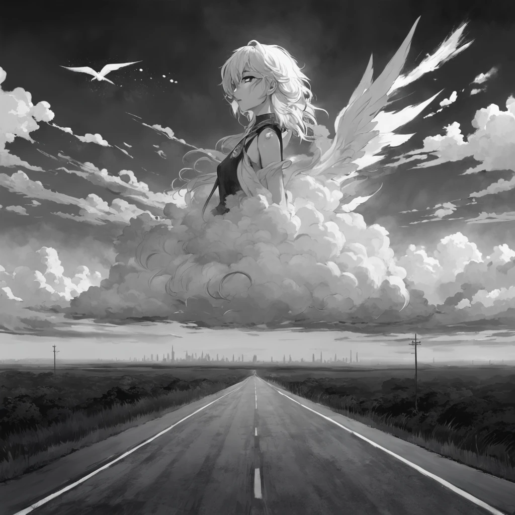 Create an image that symbolizes the music "Pretender" of Foo Fighters through a black and white photograph of an empty road, extending to the horizon. No centro da estrada, coloque um amplificador de guitarra abandonado, as a representation of the internal struggle and false identities that the song addresses. in the sky above, desenhe nuvens escuras se dissipando, symbolizing liberation and overcoming insecurities and falsehoods.
