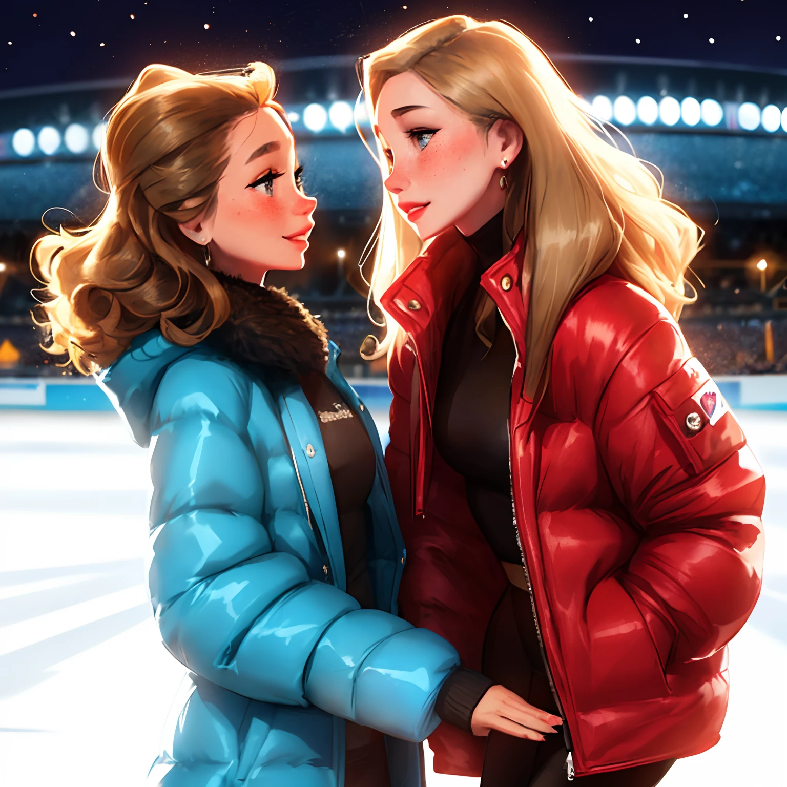 sam yang, 2girls, looking at each other, 1 girl, blonde hair, hazel eyes, long hair, curly hair, earrings, freckles, jewelry, lips, smiling, female ice skater, wearing a red jacket, parted lips, other brunette girl, brown hair, blue eyes, long hair, straight hair, freckles, smiling, parted lips, wearing a blue jacket, female ice skater, looking to the side, holding hands, stadium background, night, depth of field, ((masterpiece))