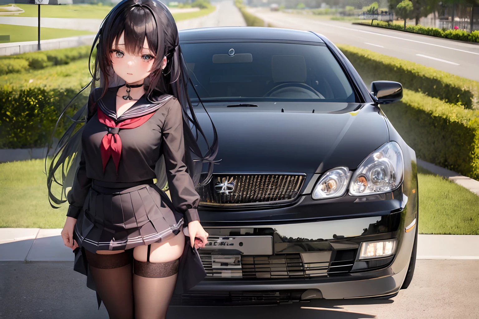 ((masterpiece, best quality)),extremely_detailed_wallpaper, illustration,1girl,(girl:1),standing, solo, (fullbody),(((girl stand in front of car))), de,sidelocks, aqua eyes, bangs, hair between eyes, looking at viewer, long sleeves,bright,beautiful detailed sky,light,spring,stream,seaside,aqua water,green trees,outdoors, black sailor collar, black serafuku, long hair, black hair, black thighhighs, Pleated skirt,