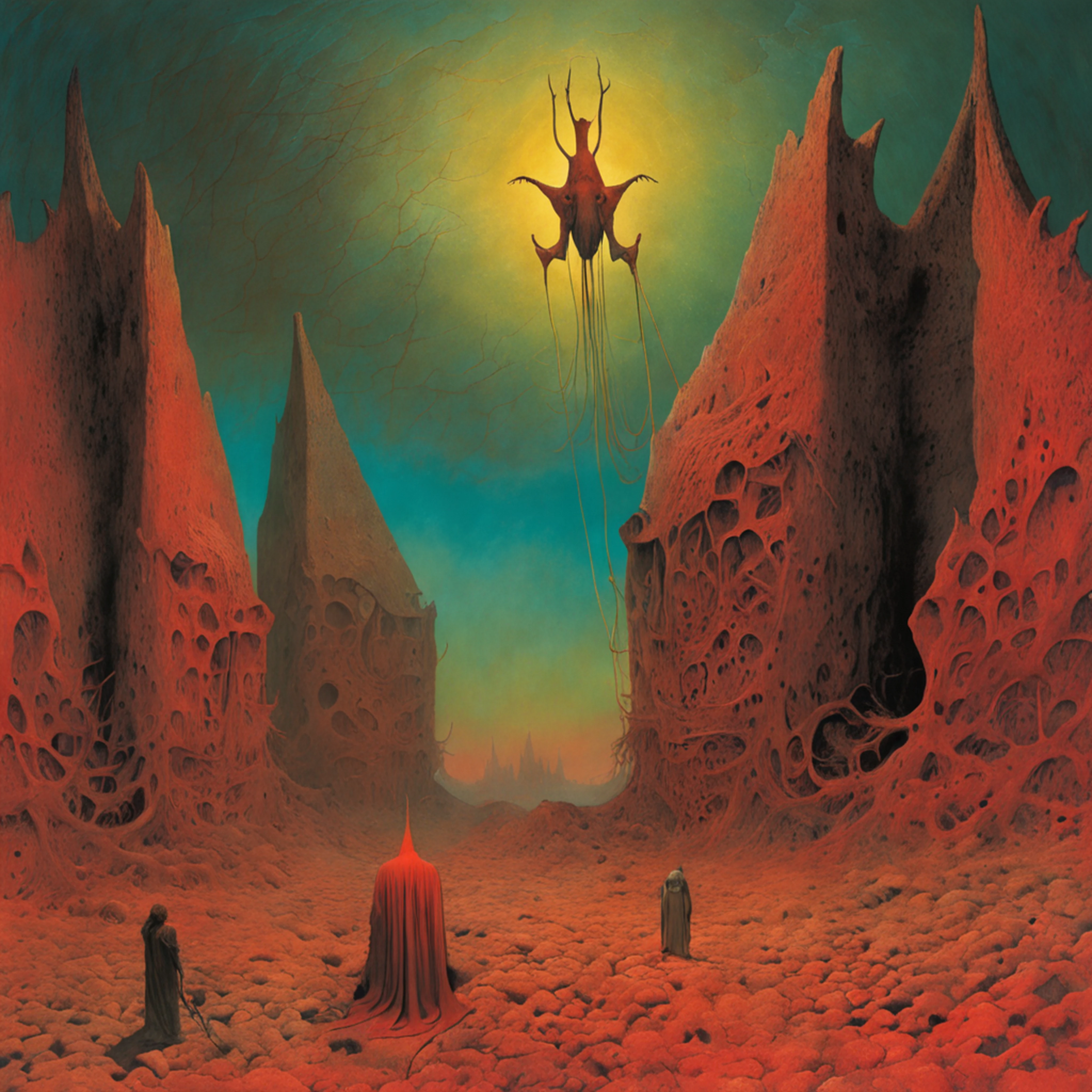 mythology creatures, by zdzislaw beksinski and van gogh, album cover art, rome, surrealism, futuristic ,satan, coral, wizard