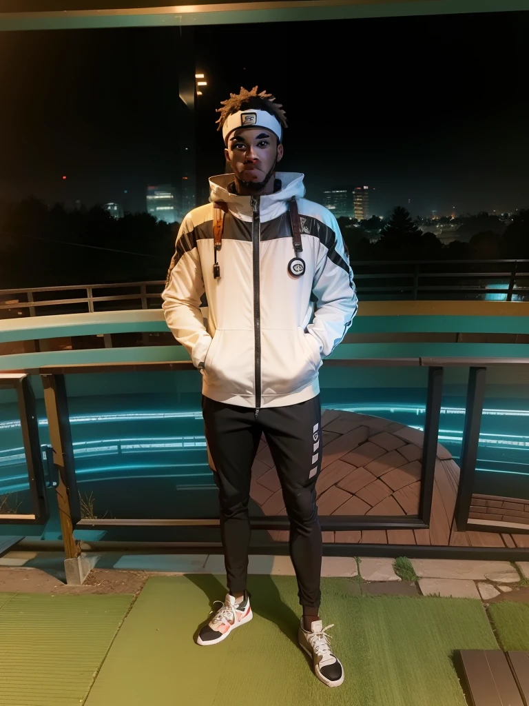 25-year-old black man wearing naruto costume in fanciful background setting