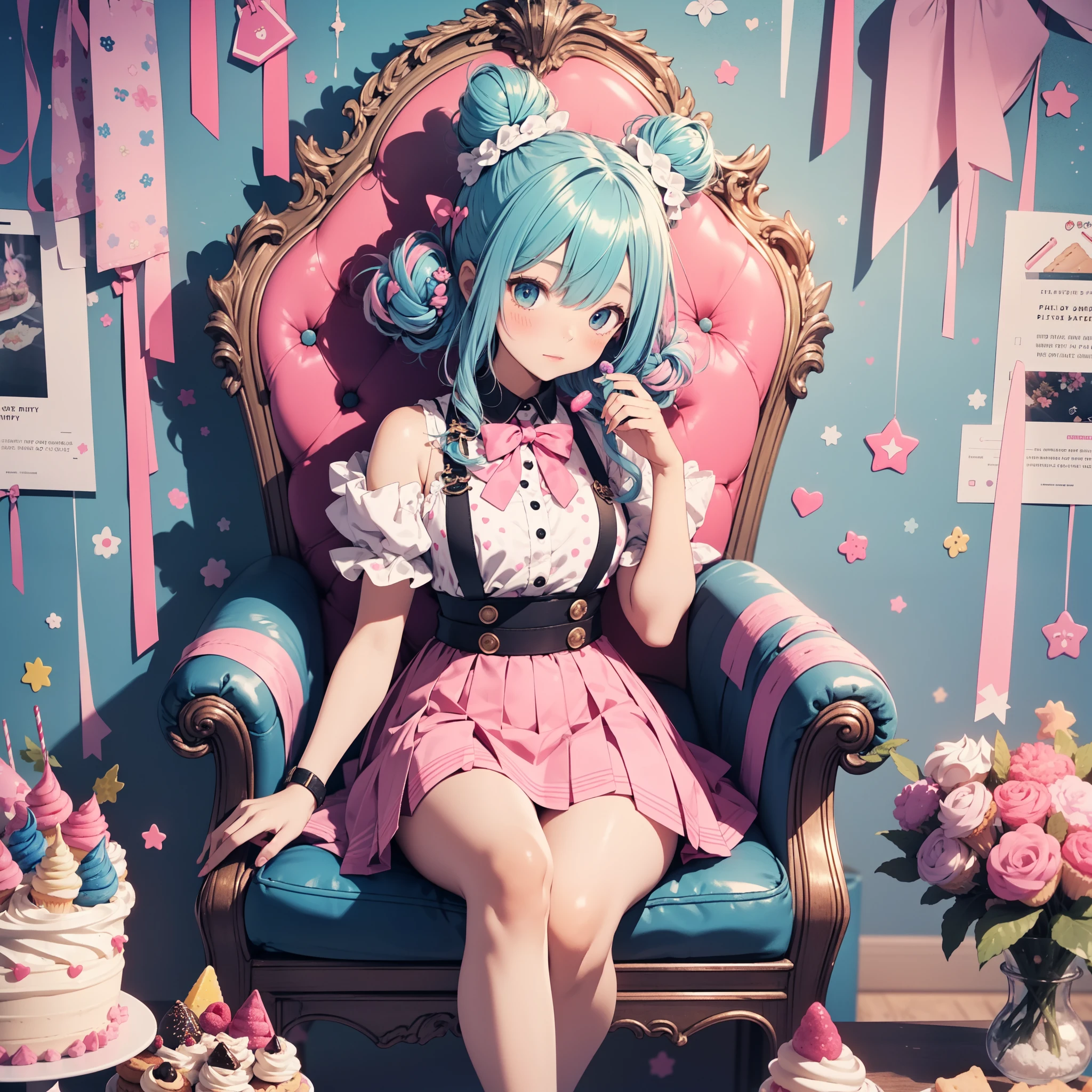 1girl, pastel muted colors, (color palette is yellow:1.2, blue:1.2, pink:1.2), (blonde with blue hair buns), ((short pleated skirt)), fashion skirt, (((sitting))) in a ((throne)) made out of sweets and pastries, for example donuts, sprinkles, candy, lollipops, candycane, cake, cupcakes, cakepops, frills and lace, polka dot patterns, long bat ears