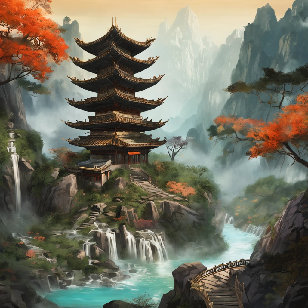 Painting of a pagoda in a mountain landscape with a waterfall, une matte painting de Fan Qi, Gagnant du concours CGSOCIETY, Art fantastique, Paysage chinois, digital painting of a pagoda, Chinese dream city, Fantaisie chinoise, Zen temple background, Papier peint oriental, scenery artwork, Landscape of fantastic art, Illustration matte painting, Matte painting fantaisie，mignon, Detailed landscape — width 672