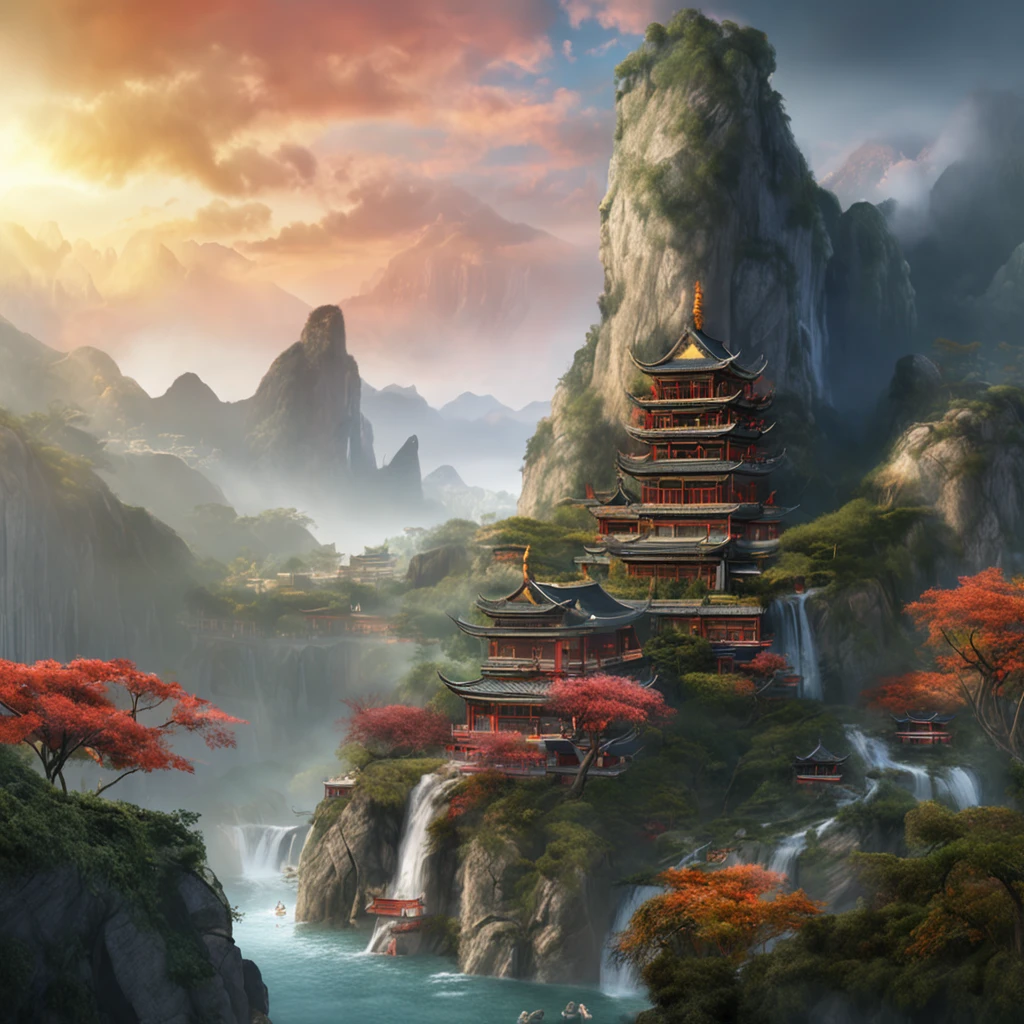 Painting of a pagoda in a mountain landscape with a waterfall, une matte painting de Fan Qi, Gagnant du concours CGSOCIETY, Art fantastique, Paysage chinois, digital painting of a pagoda, Chinese dream city, Fantaisie chinoise, Zen temple background, Papier peint oriental, scenery artwork, Landscape of fantastic art, Illustration matte painting, Matte painting fantaisie,mignon, Detailed landscape — width 672
