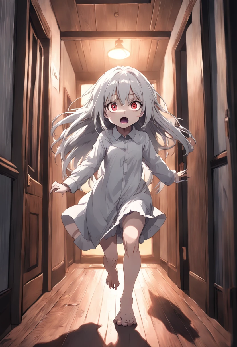 Anime, white hair, long hair, gray silver white eyes, barefoot, white shirt, plain Gown, in a Haunted house horror, li, petite body, hor cinematic, scared face, running with the goriest monster creatrure behind her