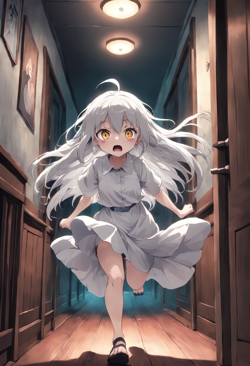 Anime, white hair, long hair, gray silver white eyes, barefoot, white shirt, plain Gown, in a Haunted house horror, loli, ???, child, petite body, horror cinematic, scared face, running with the goriest monster creatrure behind her
