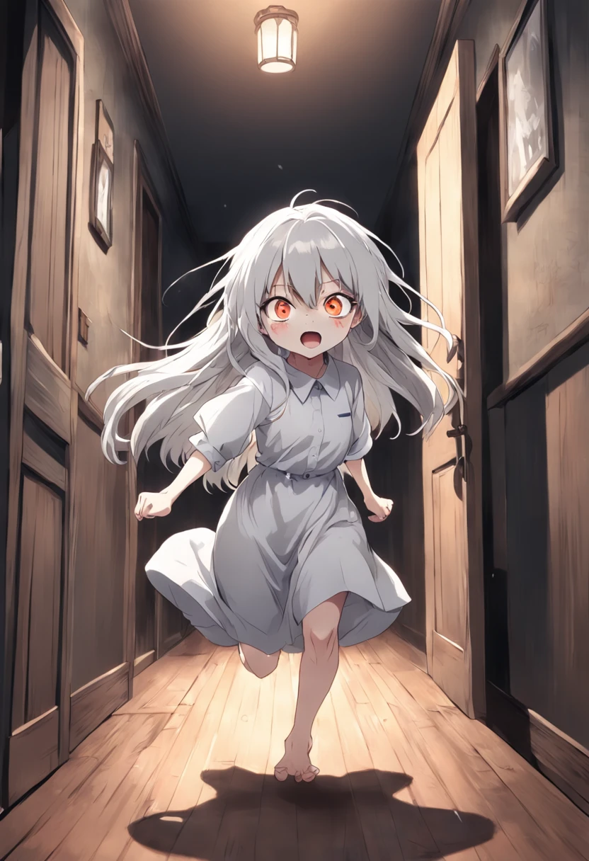 Anime, white hair, long hair, gray silver white eyes, barefoot, white shirt, plain Gown, in a Haunted house horror, loli, ???, child, petite body, horror cinematic, scared face, running with the goriest monster creatrure behind her