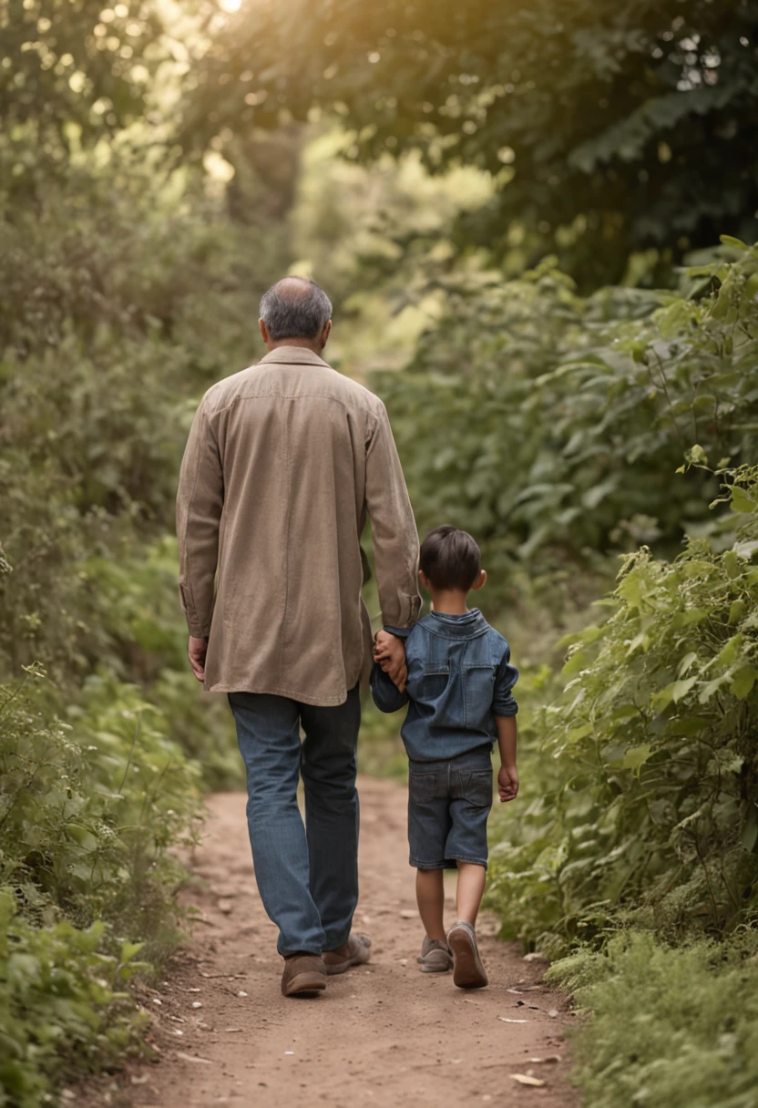 an asian family of four consists of four members: parents and two sons walking hand in hand on a long road leading to distant hills, few trees, high quality photos, real photos, super realistic , family near camera angle, taken with Canon EOS 5D, ((full body)), just four people, family standing back to the right,Everyone turns to the camera