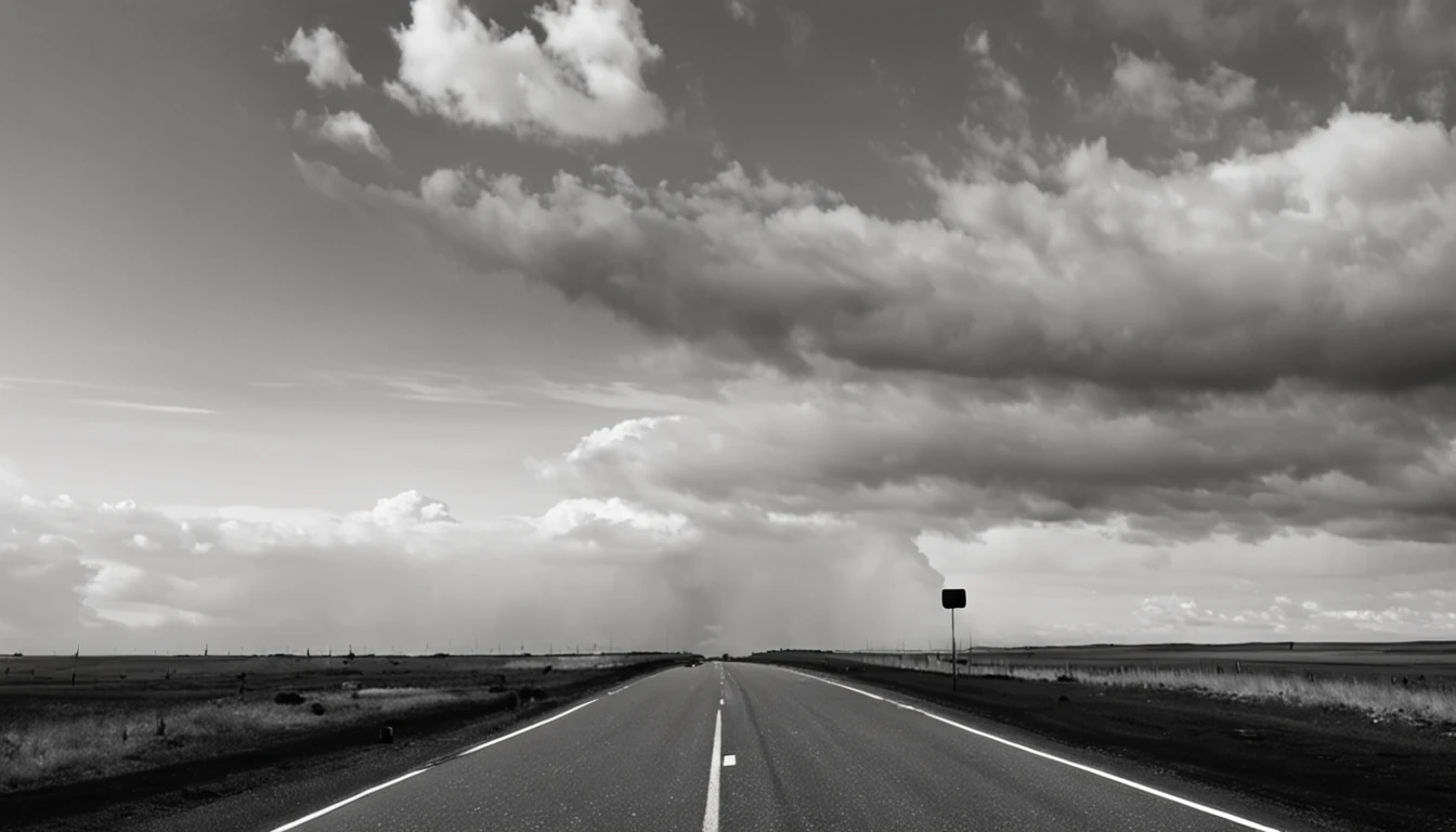 Create an image that symbolizes the music "Pretender" of Foo Fighters through a black and white photograph of an empty road, extending to the horizon. No centro da estrada, coloque um amplificador de guitarra abandonado, as a representation of the internal struggle and false identities that the song addresses. in the sky above, desenhe nuvens escuras se dissipando, symbolizing liberation and overcoming insecurities and falsehoods.