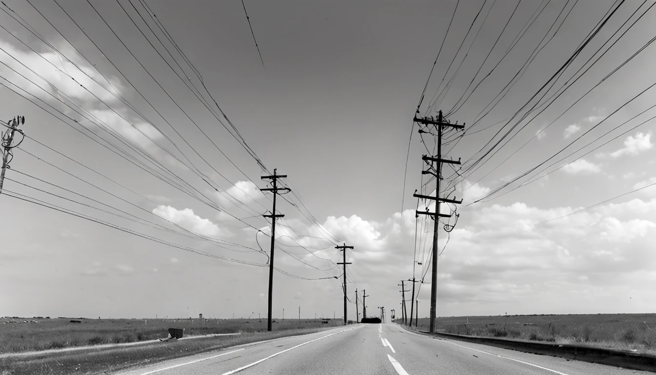 Create an image that symbolizes the music "Pretender" of Foo Fighters through a black and white photograph of an empty road, extending to the horizon. No centro da estrada, coloque um amplificador de guitarra abandonado, as a representation of the internal struggle and false identities that the song addresses. in the sky above, desenhe nuvens escuras se dissipando, symbolizing liberation and overcoming insecurities and falsehoods.
