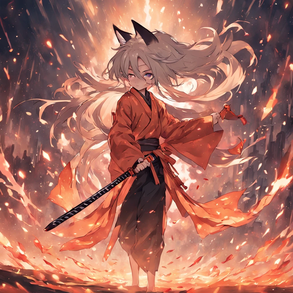 crie uma imagem de um kitsune humanoide ajoelhado, segurando uma katana e a levantando para cima