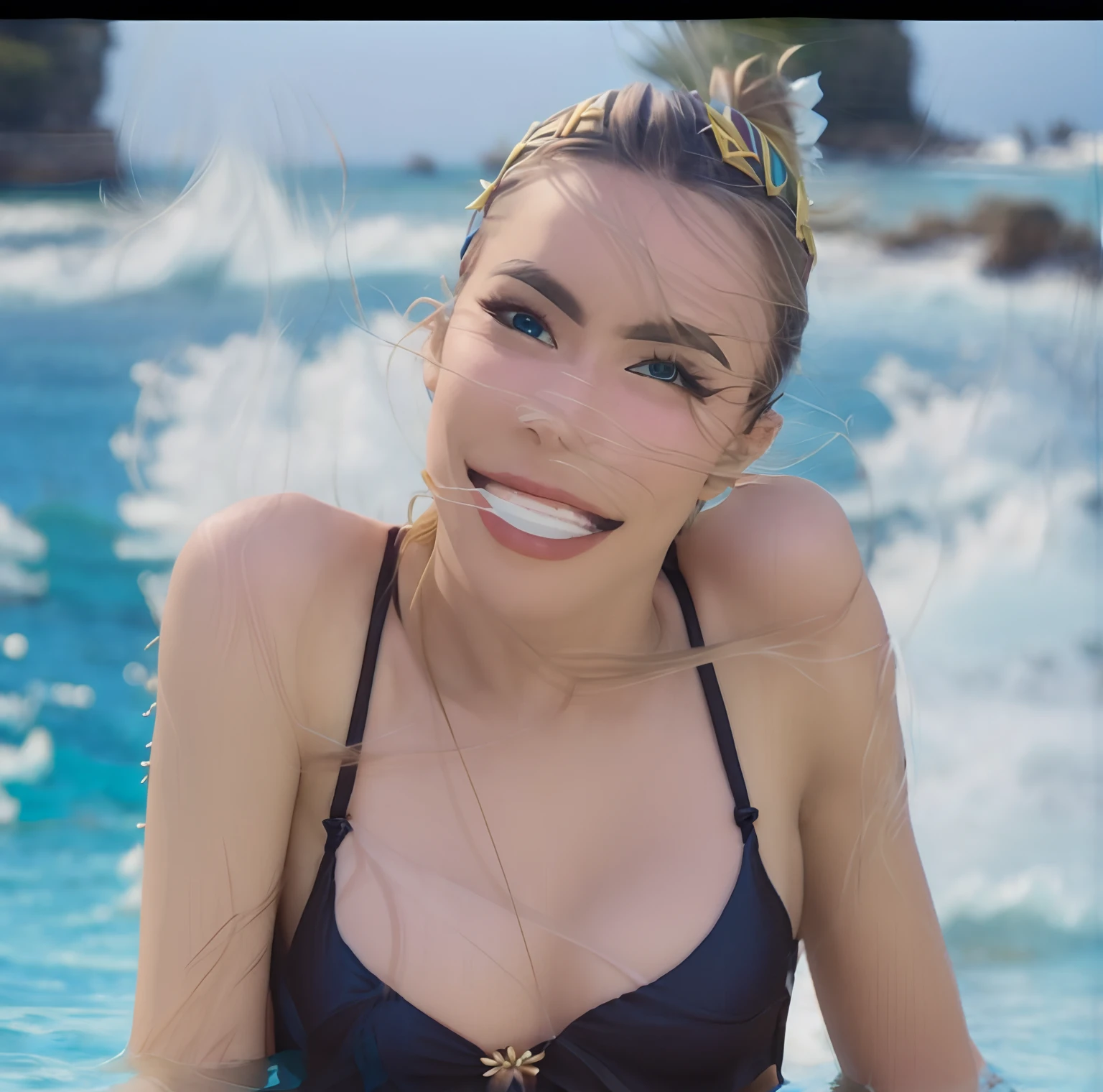 Mujer de Araffe en vestido blanco de pie en la playa con palmeras, Dua Lipa, Cerveza Madison, con palmeras en la parte posterior, hermosa y sonriente, Sha Xi, Imagen filtrada, en ropa blanca, El fondo es celestial, Kailee Mandel, posing on a beach with the ocean, imagen de muy muy muy baja calidad, suave en _ Los antecedentes, Bae Suzy(taking a cumshot on her face, cum string, ejaculation, cum on face, cum on tits, cumshot:1.2)