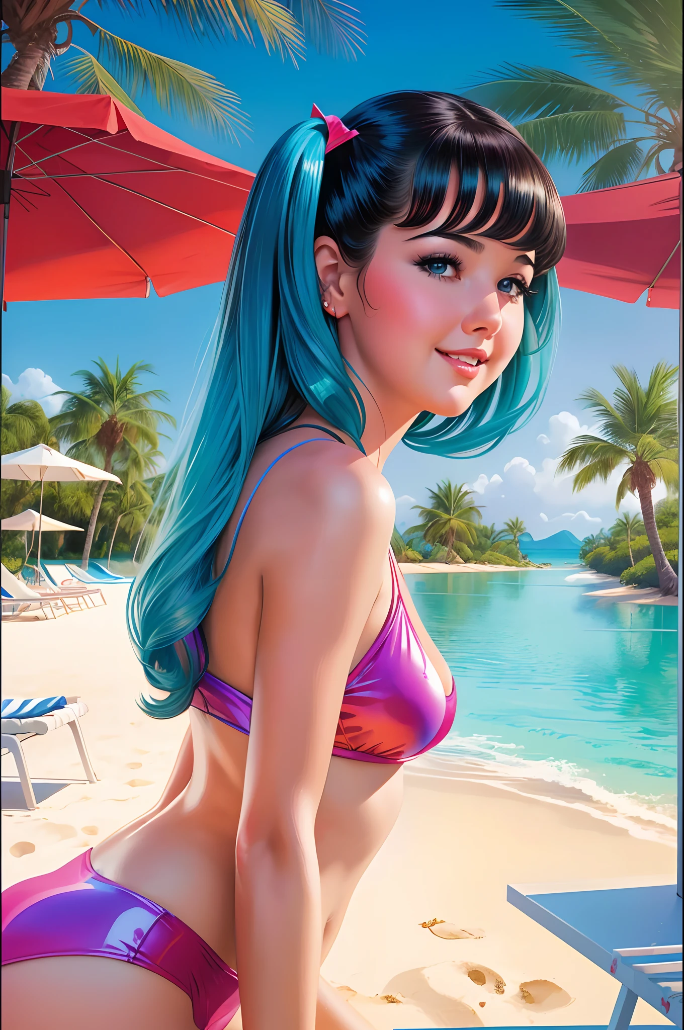 ((beste-Qualit)), ((tmasterpiece)), ((Realistic)), Ultra-detailed, young Phoebe Cates, Twintails Medium Length Hairstyle, Evening paradise beach, Perfect colorful gradient, illustration by Arthur Sarnoff, —q 4 —s 750