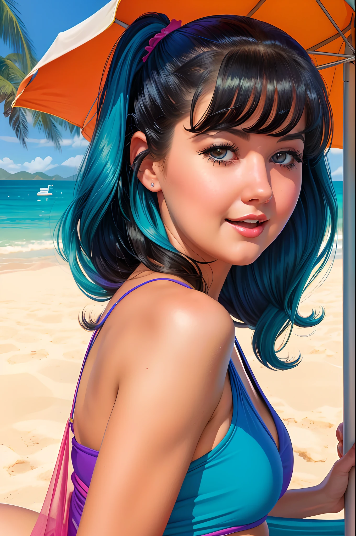 ((beste-Qualit)), ((tmasterpiece)), ((Realistic)), Ultra-detailed, young Phoebe Cates, Twintails Medium Length Hairstyle, Evening paradise beach, Perfect colorful gradient, illustration by Arthur Sarnoff, —q 4 —s 750