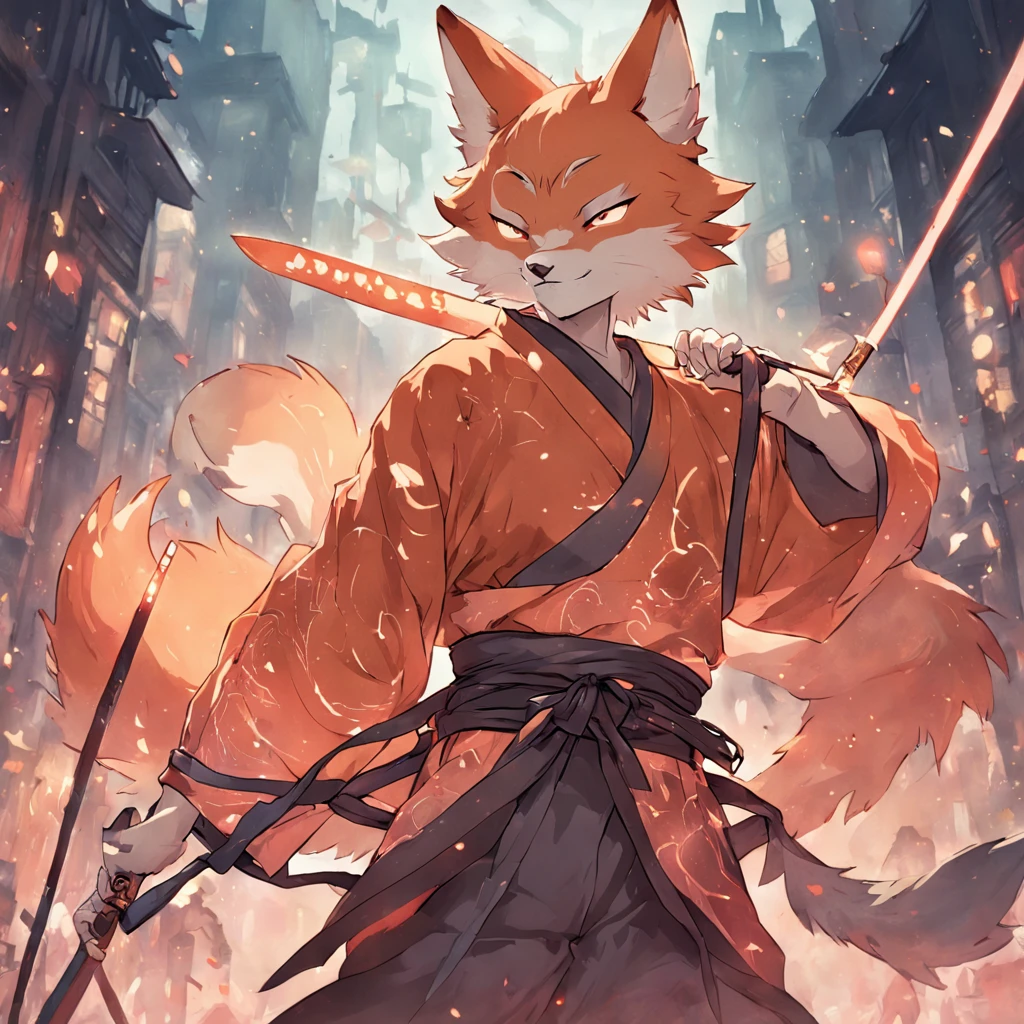 crie uma imagem de um kitsune humanoide ajoelhado, segurando uma katana e a levantando para cima, Make him an adult
