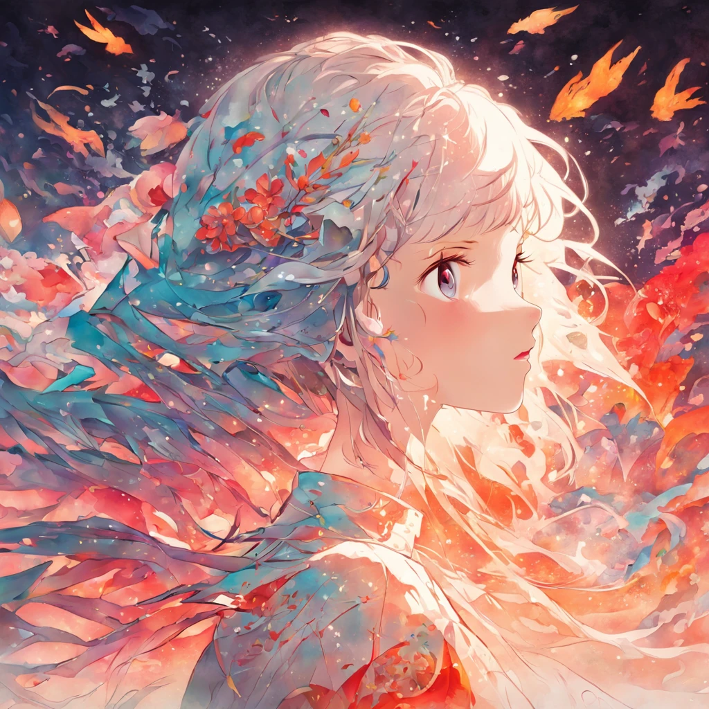 (White background:1.4),(Silhouette of a girl's head, Eyes closed, colorfull long hair, Oriental elements)，(Chinese illustration:1.3，paper art:1.3, Quilted paper art:1.2),( reasonable design, Clear lines, High sharpness,Best quality, Very detailed, Masterpiece, movie light effect, 4K )