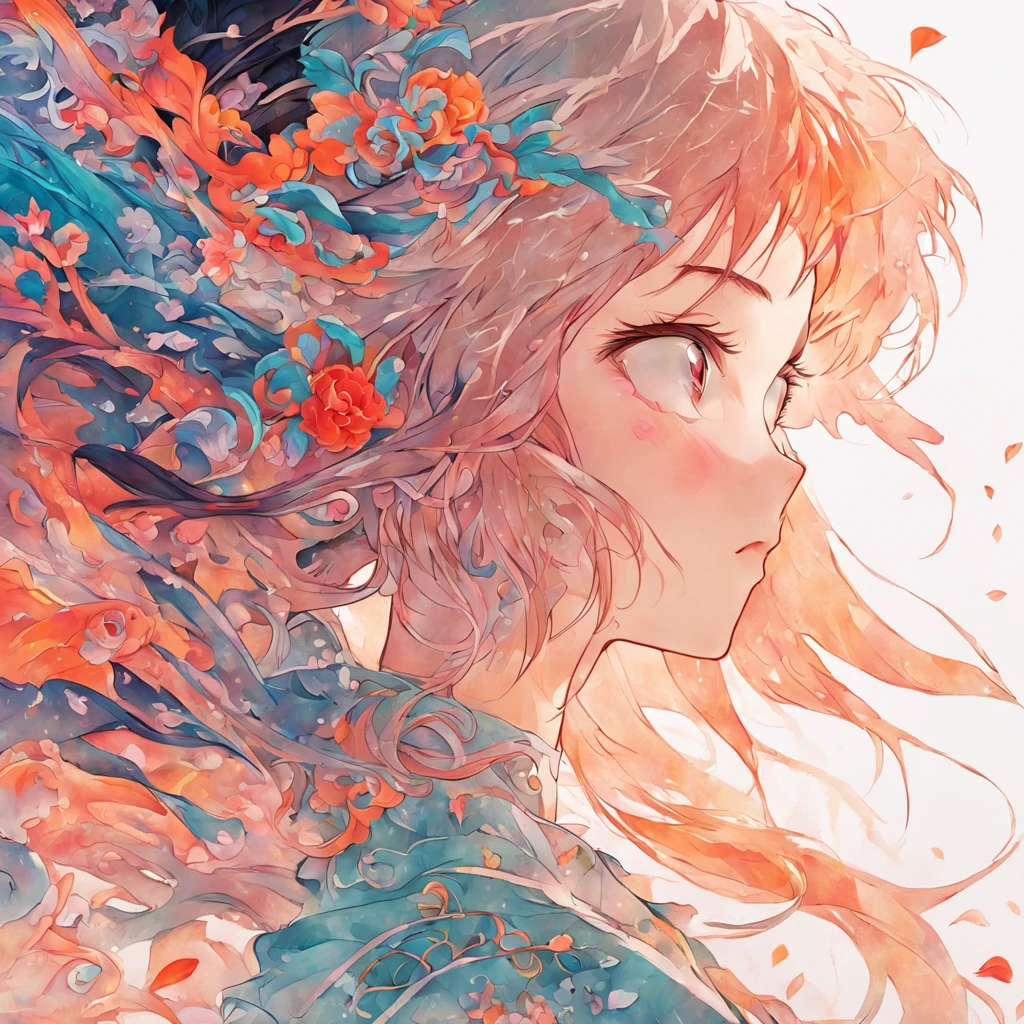 (White background:1.4),(Silhouette of a girl's head, Eyes closed, colorfull long hair, Oriental elements)，(Chinese illustration:1.3，paper art:1.3, Quilted paper art:1.2),( reasonable design, Clear lines, High sharpness,Best quality, Very detailed, Masterpiece, movie light effect, 4K )