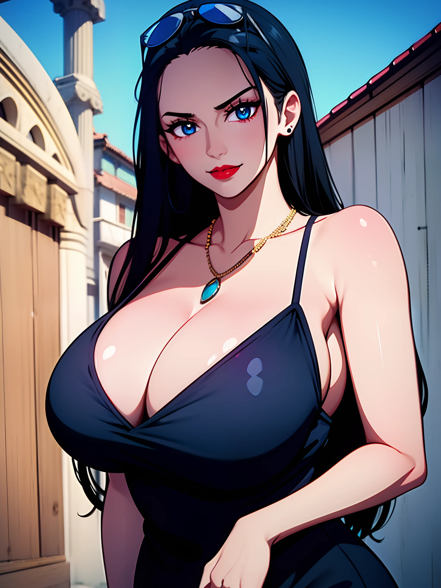 Girl, smile, red lips, long hair, black hair colors, big nose, big tits, sexy pose, sexy body, fair skin, wear earrings in the ears, wearing a necklace, black lingeria clothes, beautiful girl, blue eyeball, realistic