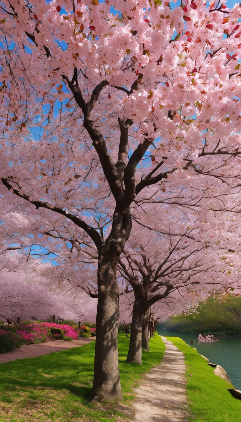 Describe a charming scene of a spring grove with cherry trees in full bloom, painting the scenery with its beautiful pink color. Ao redor do bosque, um extenso campo florido irradia alegria, com uma mistura de rosas brancas, amarelas e azuis, destacando-se no mar de cores vibrantes.
In the heart of the woods, there is a serene lake, circundado por pedras que emolduram suas margens. Uma cascata graciosa desce suavemente pelo lago, creating a pleasant sound of moving water. The crystal clear waters of the lake reflect the blue spring sky and the cherry trees in their splendor.
Exploring this enchanted scenery, Butterflies of varying colors and different sizes dance in the air, adding a dose of magic to the landscape. Its delicate wings capture the sunlight and provide a mesmerizing spectacle of movement and color in the serene environment of the forest.