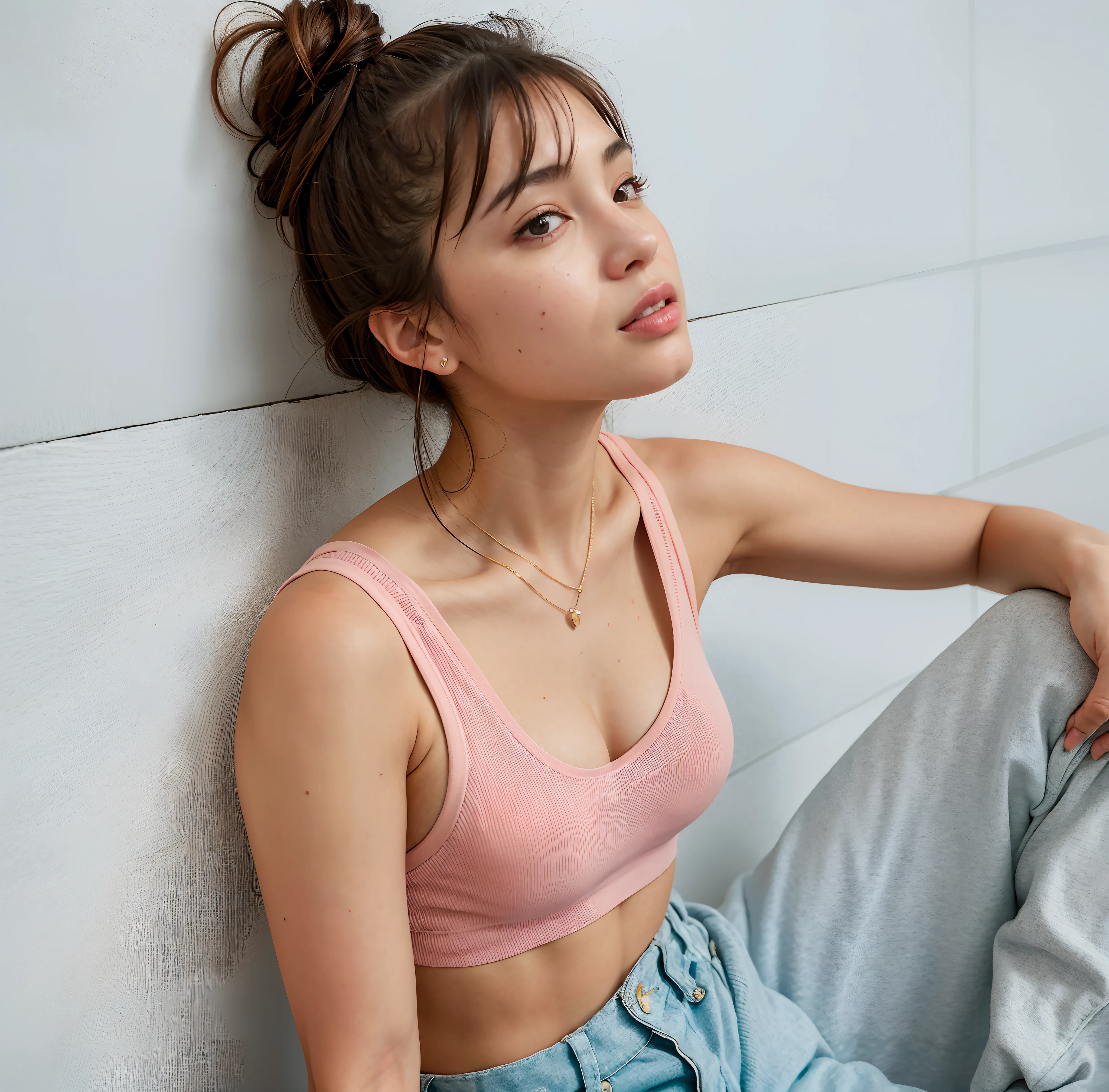 Mulher linda sentada contra uma parede com os olhos fechados, Bralette, usando topo de corte, vibe rosa, topo de corte, foto fit, em forma, relaxed pose, Esporte bom, sport bra and shirt, Topo de colheita, usando um top cropped sexy, usando um topo de corte, meninae-rosa, roupas cor-de-rosa, wearing a bra, usando um top cropped, vibe pastel