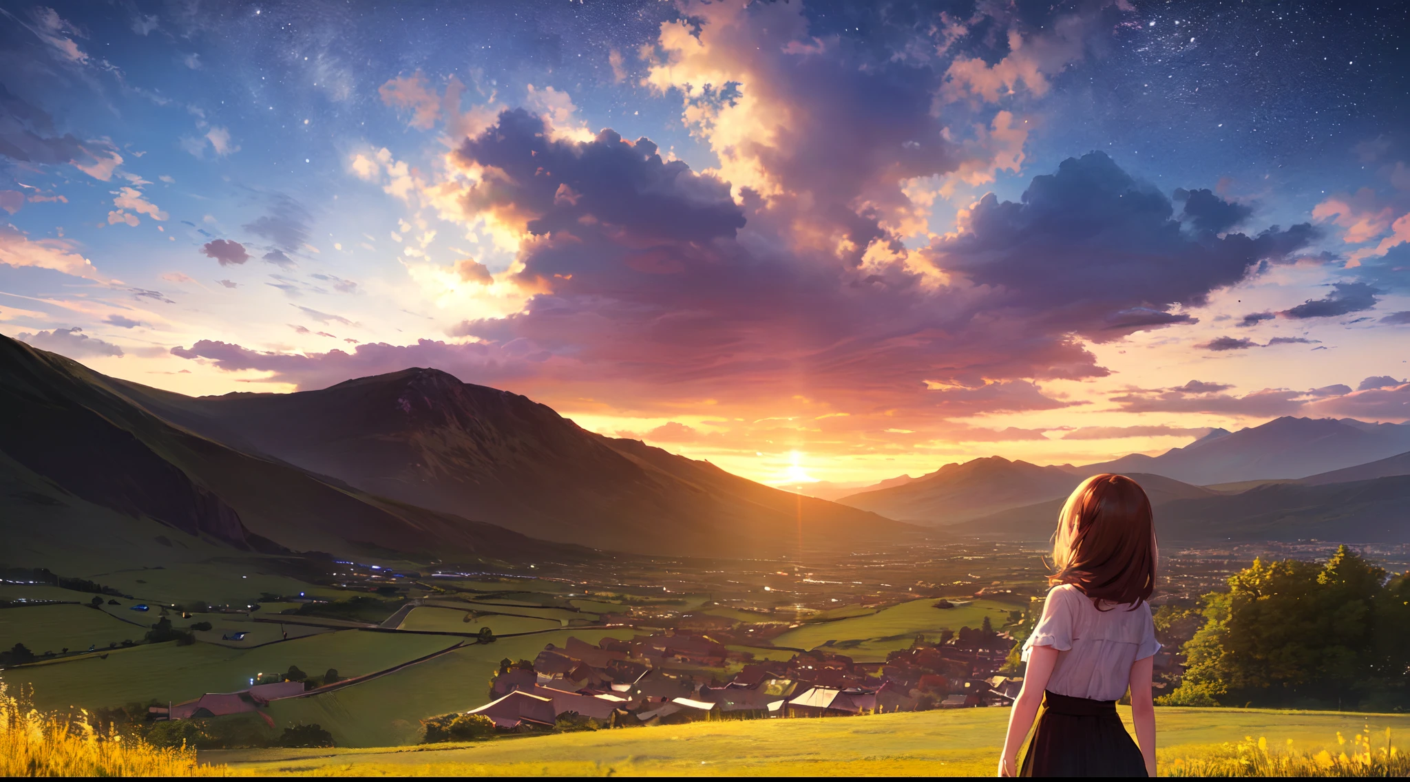 (8K,RAW photos,highest quality, masterpiece,HDR,bloom:1.2),girl,desktop wallpaper,outdoor,cinematic lighting,beautiful night,Stars in the night sky,clouds,mountain,Green meadow