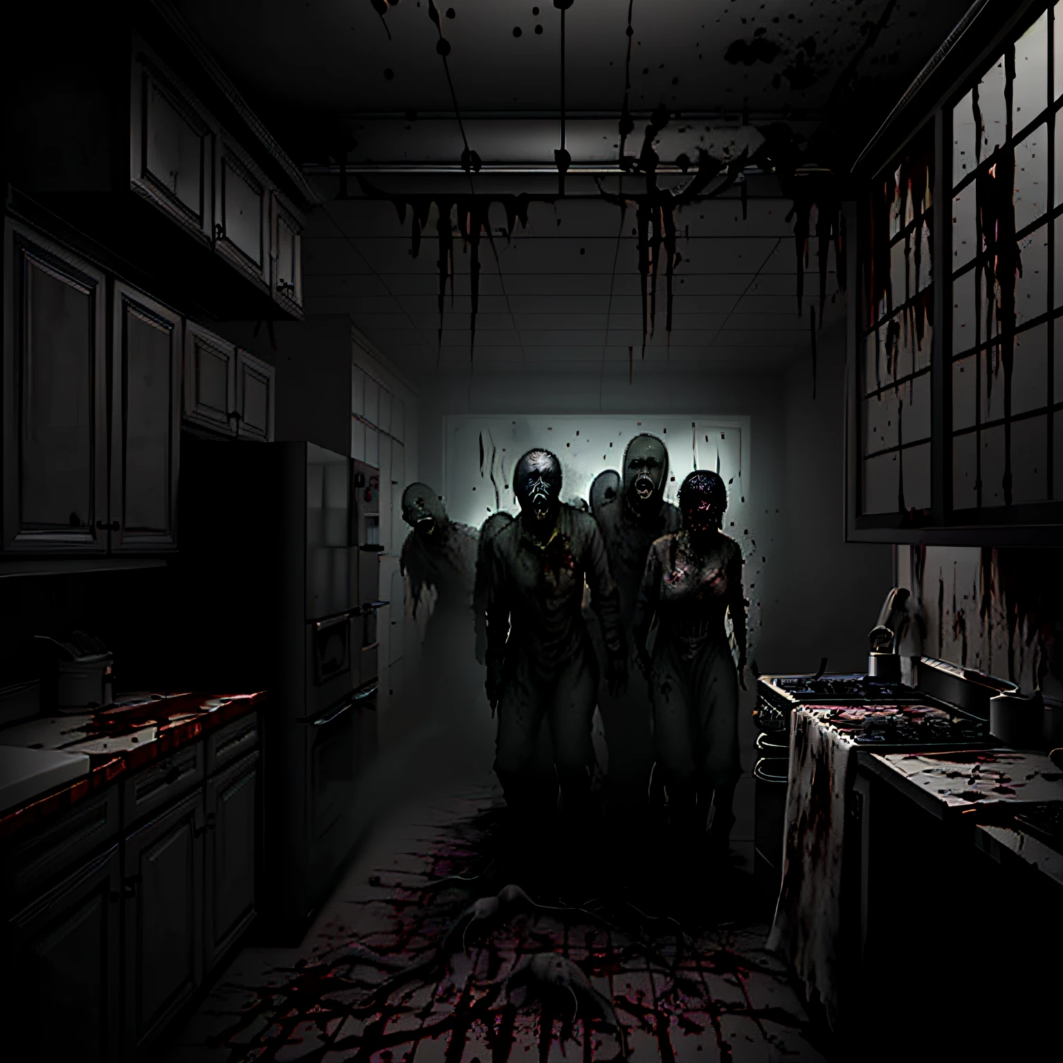 ghosts, spirits, zombies, decomposition, in a kitchen, blood on the wall, scary, fear, disturbing, ghosts in the middle, zombies, ghosts walking around the kitchen, extremely detailed, realistic