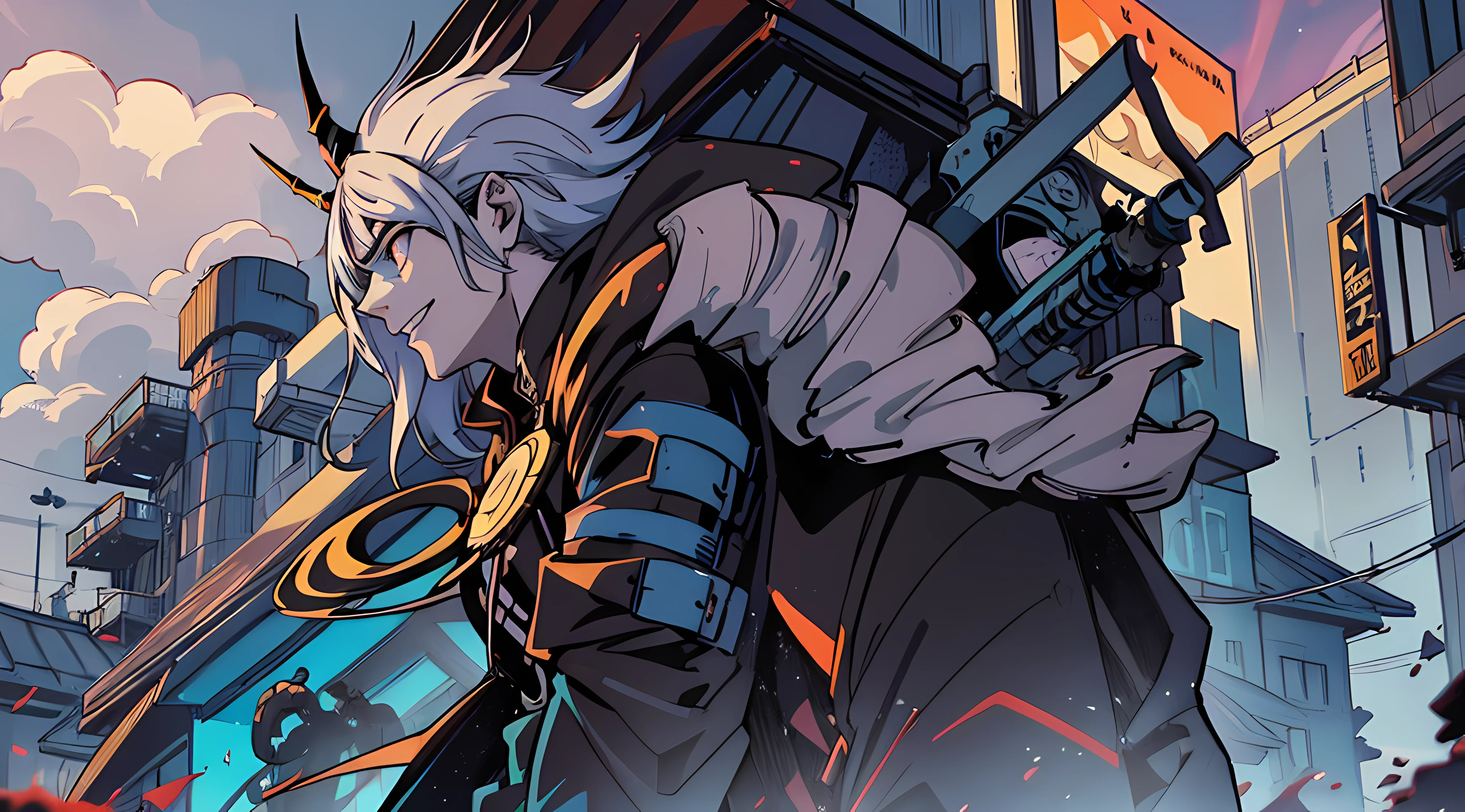 anime man with a white skull mask an floating crown on his head , evil and glowing eyes, with black outfit standing in front of a building, hooded jacket with ghost horns floating on the sides blue and glowing, epic digital art illustration,glowing and epic, epic anime style, cyberpunk anime man in hoodie,male cyberpunk anime man,unknown artstyle, omen from valorant, digital art from danganronpa, best anime 4k konachan wallpaper, twisted god with no face, badass anime 8 k, trigger anime artstyle, the grim reapper, high quality fanart,cartoon illustration of a smiling man with a floating crown on his head, evil smile and glowing blue eyes, cyril rolando and goro fujita, epic digital art illustration, glowing and epic, epic portrait illustration, unknown artstyle, in the style dan mumford artwork, hero 2 d fanart artsation, wicked grin, king of time reaper, scary queen of death,darksynth character portrait,(((focus on the character from afar)))