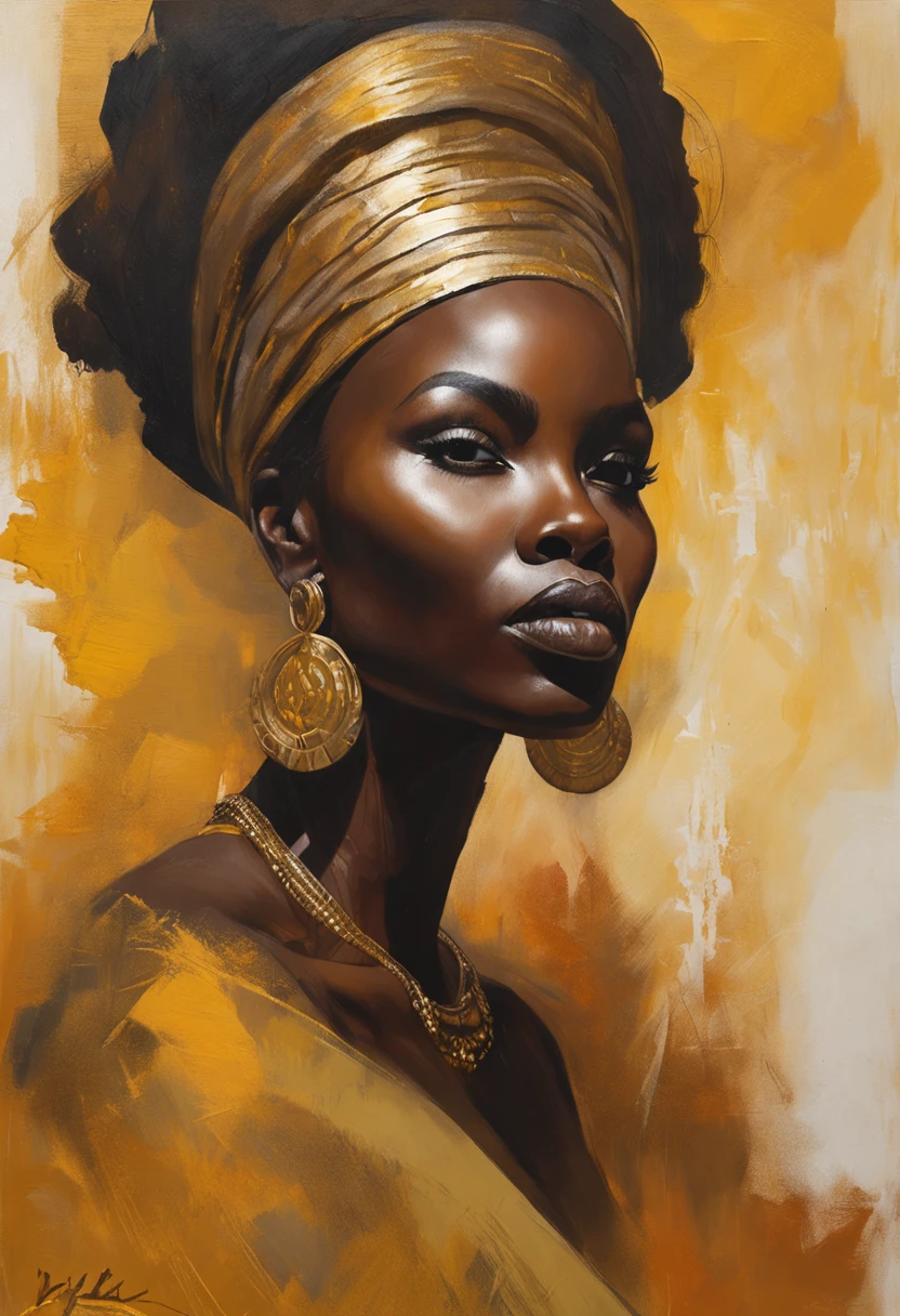 A close-up of a woman with a large headdress and a golden background, Dark skin Female goddess of love, a stunning portrait of a goddess, Princesse noire africaine, Jen Bartel, Rossdraw | Afrofuturisme, portrait of a beautiful goddess, Charlie Bowater riches couleurs profondes, magie noire, goddess. extremely high detail, Portrait of a dark goddess, Afrofuturisme