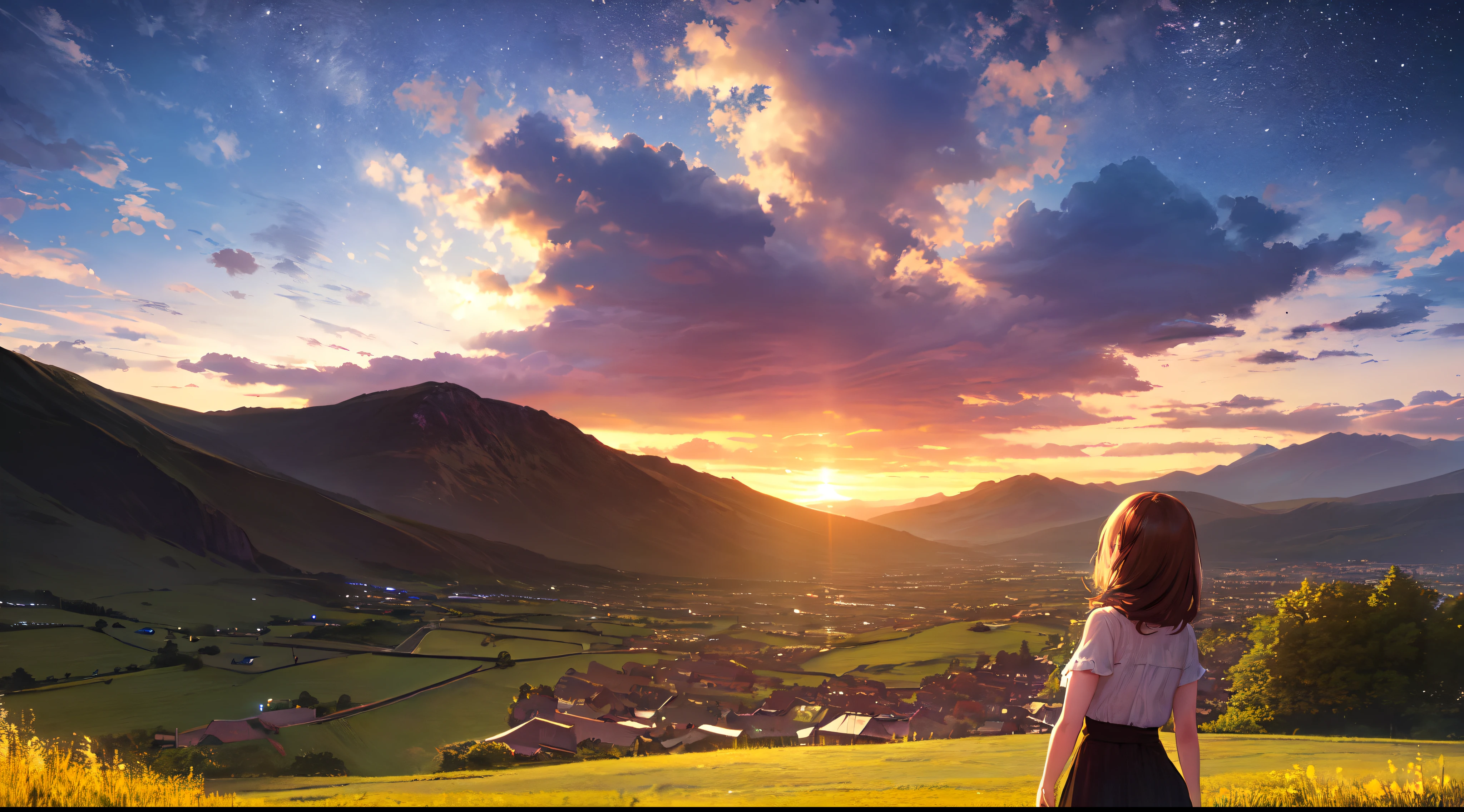 (8K,RAW photos,highest quality, masterpiece,HDR,bloom:1.2),girl,desktop wallpaper,outdoor,cinematic lighting,beautiful night,Stars in the night sky,clouds,mountain,Green meadow