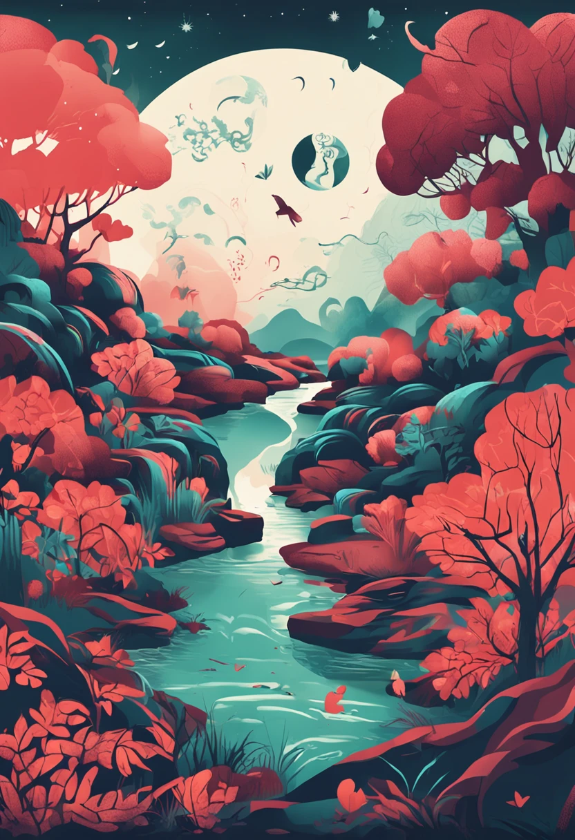 melhor qualidade，day at night, Yin Yang, em forma de yinyang, simetria central, representando as 4 temporadas, em harmonia com a natureza, harmonia da natureza,, Excelente arte digital com detalhes ricos