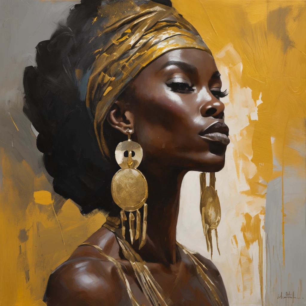 Close-up of a woman with a large headdress and a gold background, Dark skin Female goddess of love, a stunning portrait of a goddess, Princesse noire africaine, Jen Bartel, Rossdraw | Afrofuturisme, portrait of a beautiful goddess, Charlie Bowater riches couleurs profondes, magie noire, goddess. extremely high detail, Portrait of a dark goddess, Afrofuturisme