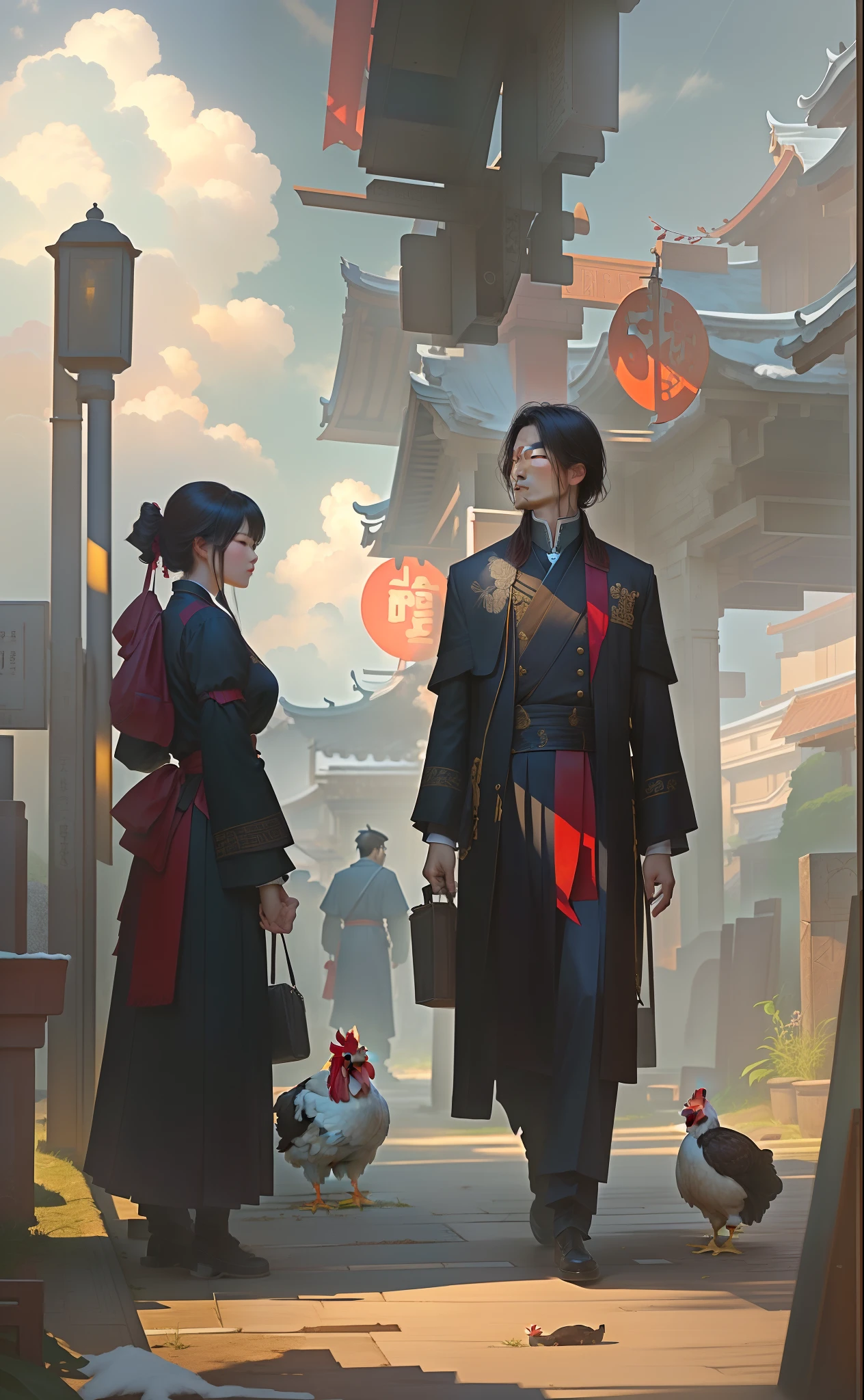 There were a few chickens standing outside the house,There was a man and a woman, by Yang J, by Ni Yuanlu, author:Patrick Cheng, author:Zhou Chen, author:Zou Yigui, author:Zou Zhe, By Zeng Jing, By Li Song, ross tran. scenery background, rob rey and kentaro miura style, By Ren Xiong