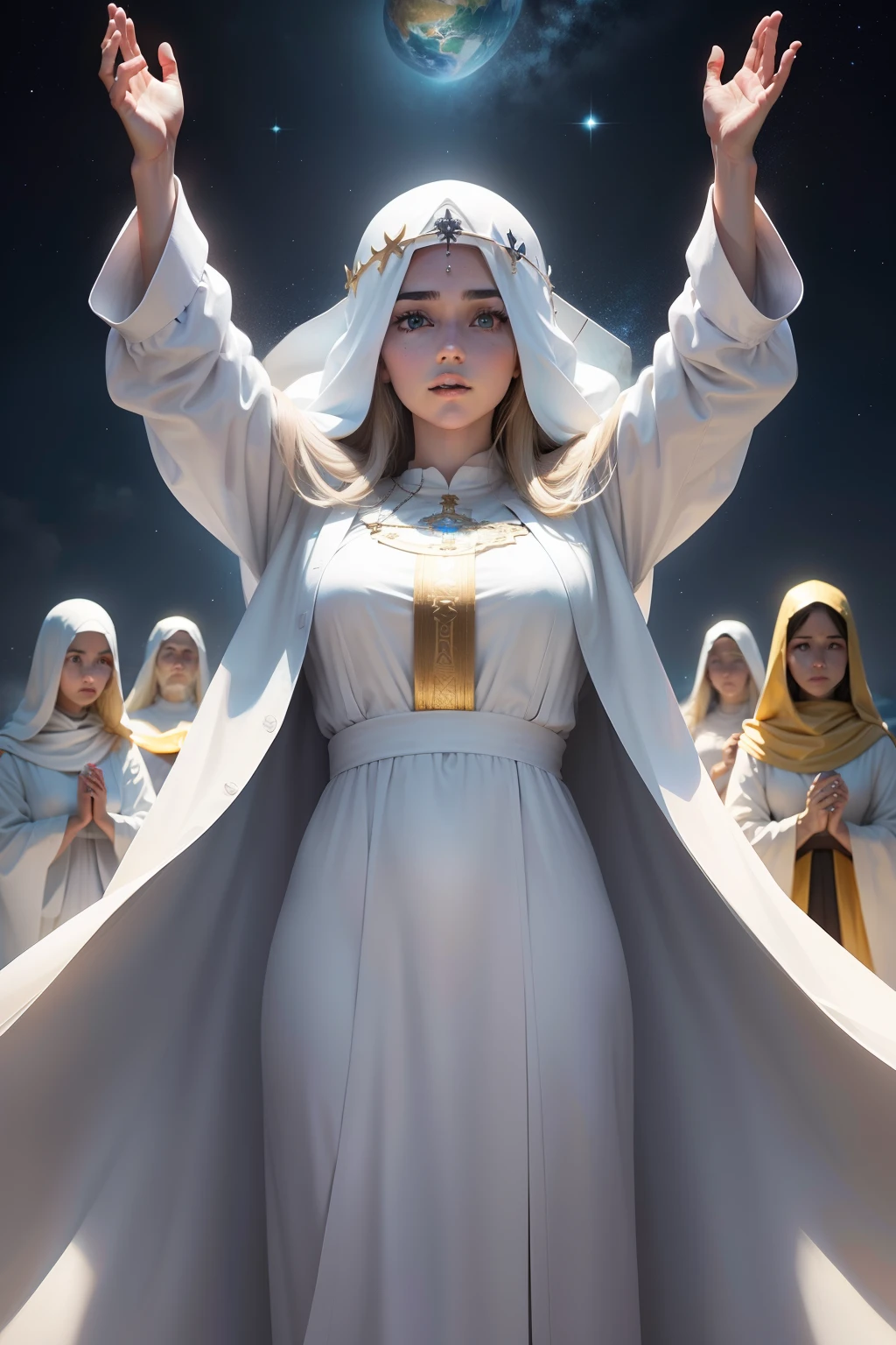 /imagine,Jesucristo representado por una mujer de sembalnte blanco y puro,que vive en un planeta de color blanco,junto a muchos planetas de color oro,donde existe un cielo azul,con imagen REALISTA CON ESTILO DE NFT