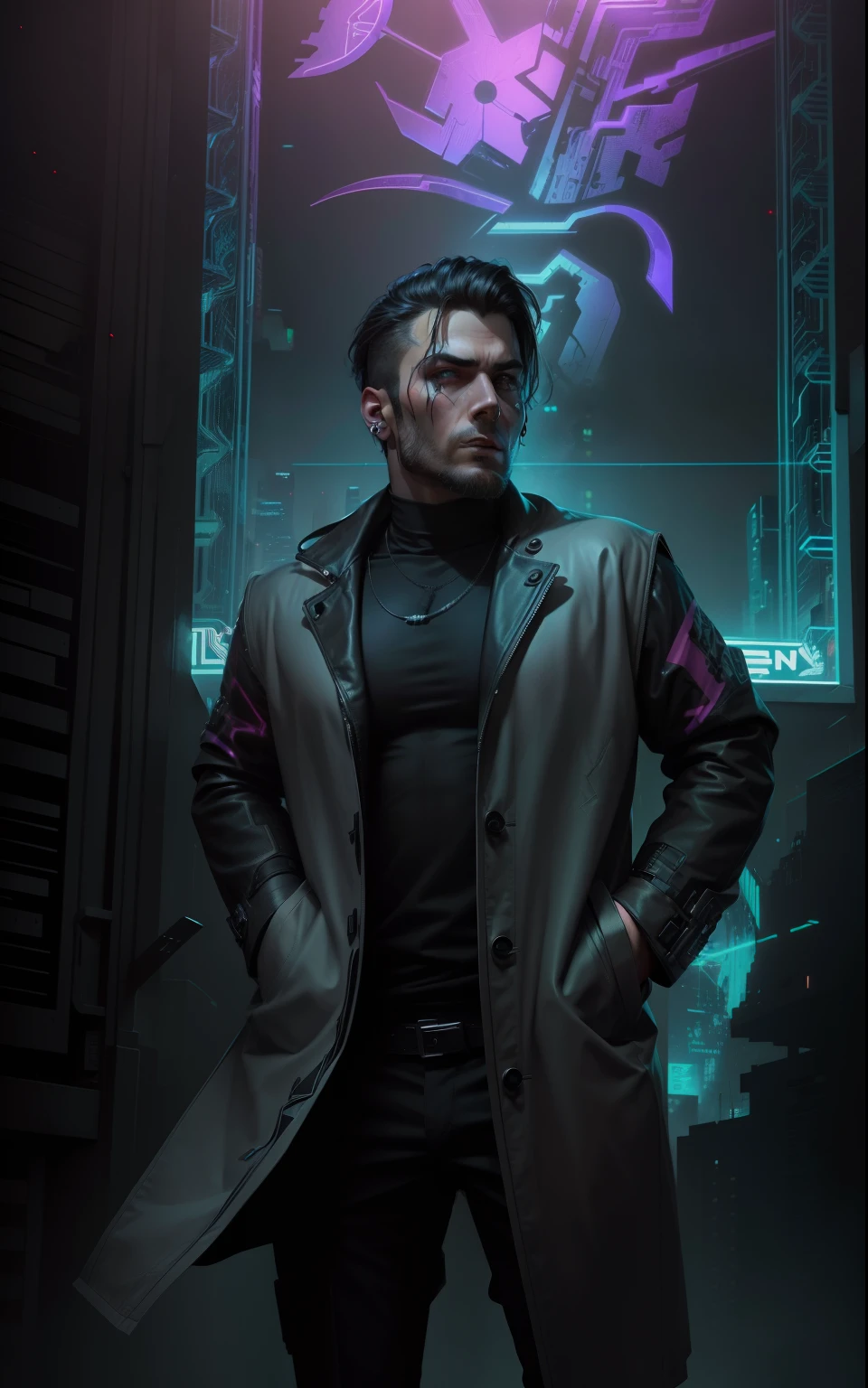 Change background, Dark asthetic background, cyberpunk, handsome man, realistic face
