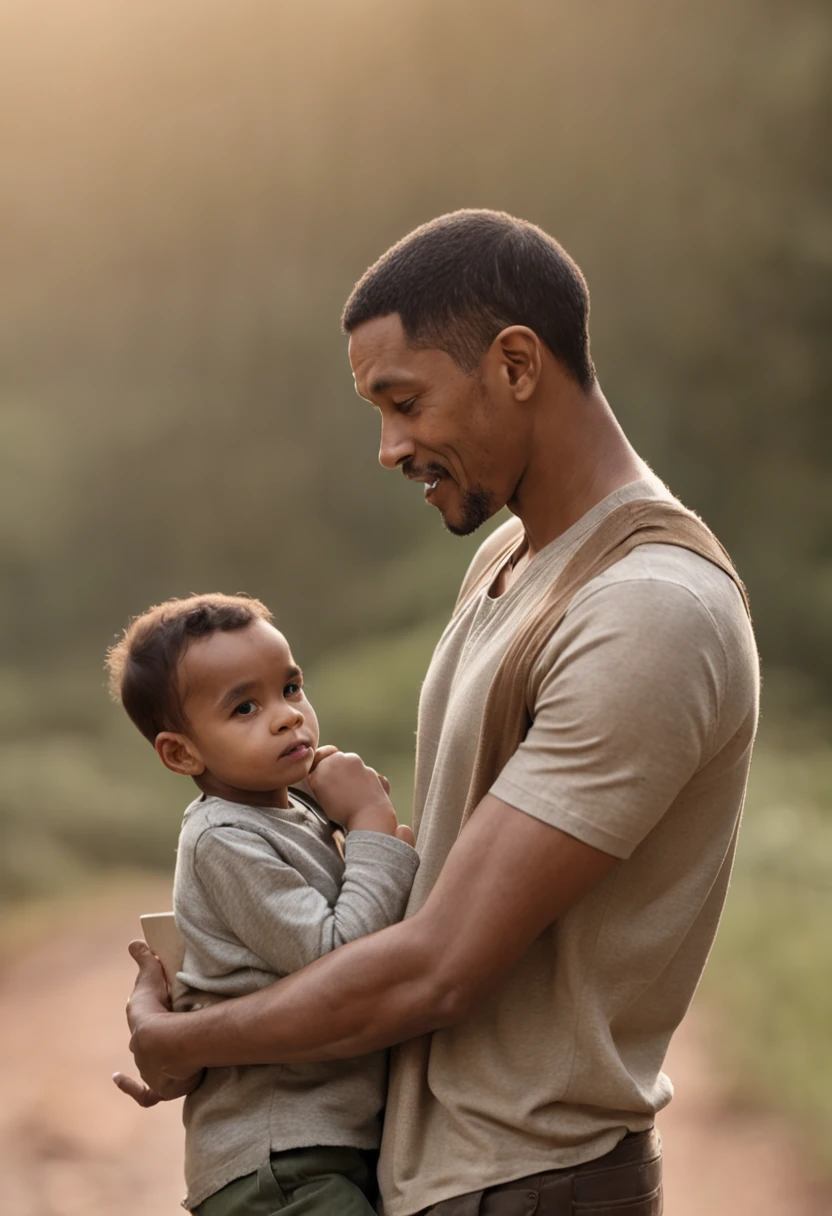 Ilustrar um momento sincero de um pai e seu filho pequeno caminhando juntos inspirado no will smith e seu filho, The gaze fixed on the camera, conveying their bond and determination amidst challenging circumstances Soft, diffuse winter lighting that conveys a sense of resilience and enduranceFraming the duo in a close-up photo, capturando seus rostos e parte superior do corpo. The eye-level camera emphasizes their connection and depicts the shared determination of father and son ::n_Capture uma cena comovente de pai e filho caminhando, his eyes meeting the camera with a reflection of the weight of his struggles