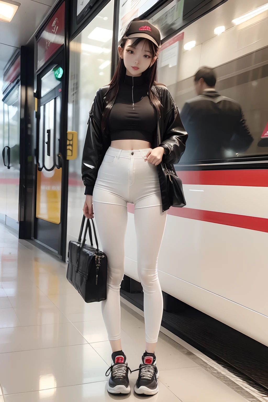 chinese girl, white tight pantyhose, black sneakers, 8k,realistic,19 years old, thin body,happiness ,thigh gap, oversized shirt ,beautiful face, tight jeans shorts, no bra,small boots,,shorts over pantyhose, catch a bus, channel bag, suit coat